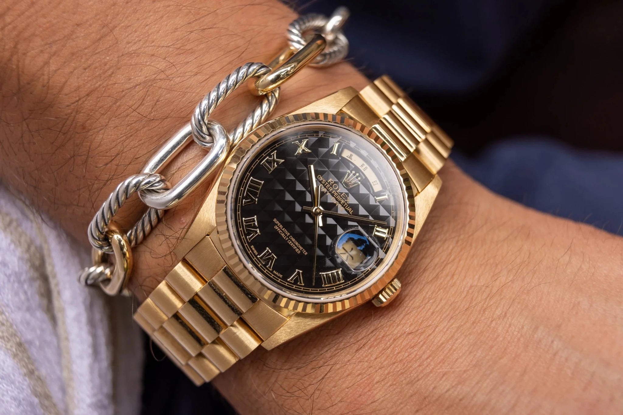 1990 Rolex Day-Date Ref. 18238 | Rare Black Pyramid Dial | Serviced | Full Set - Sierra Time Co