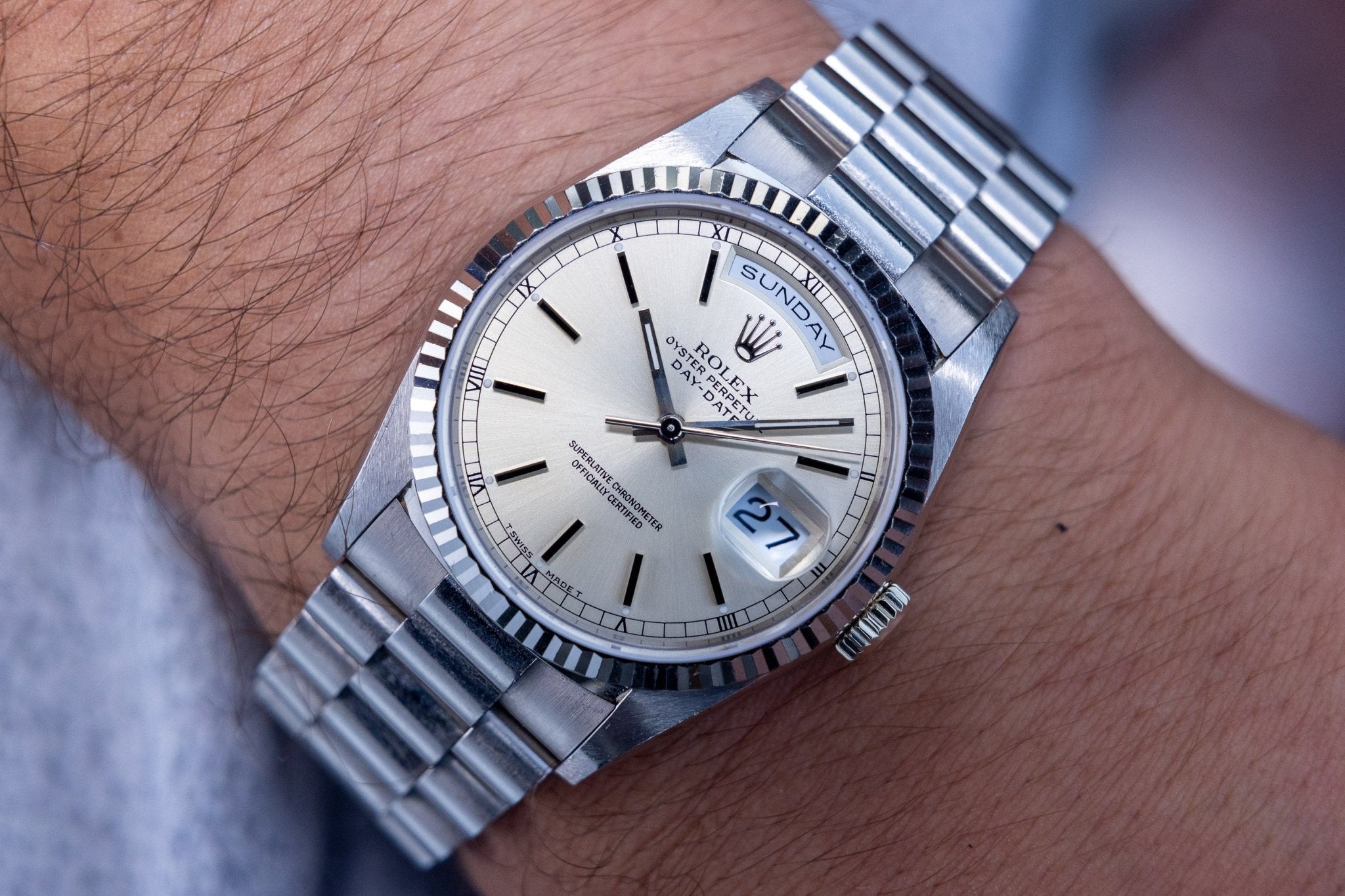 1990 Rolex Day-Date Ref. 18239 | 18K White Gold | Unpolished | Silver Dial - Sierra Time Co