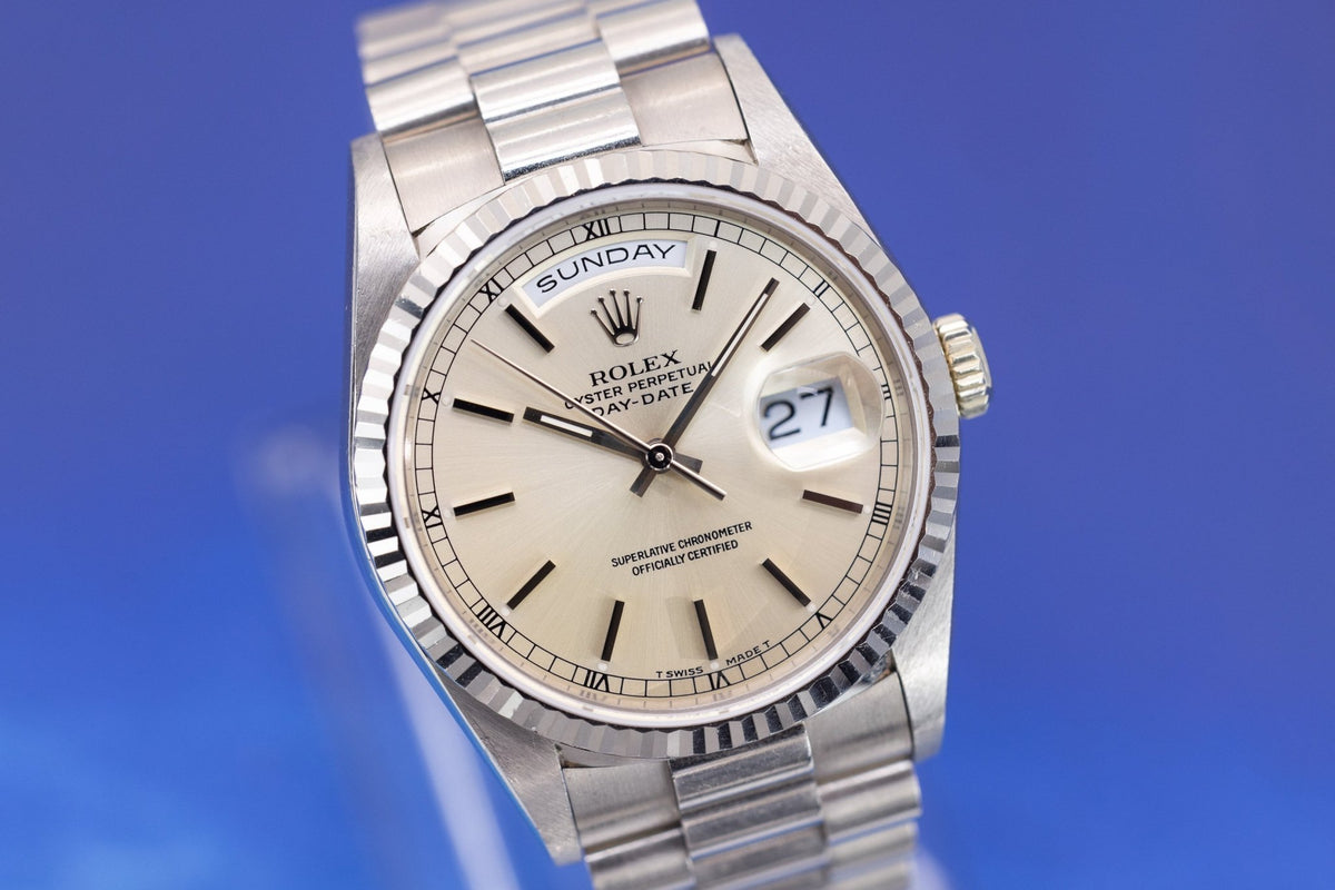 1990 Rolex Day-Date Ref. 18239 | 18K White Gold | Unpolished | Silver Dial - Sierra Time Co