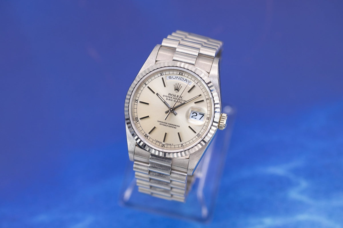 1990 Rolex Day-Date Ref. 18239 | 18K White Gold | Unpolished | Silver Dial - Sierra Time Co