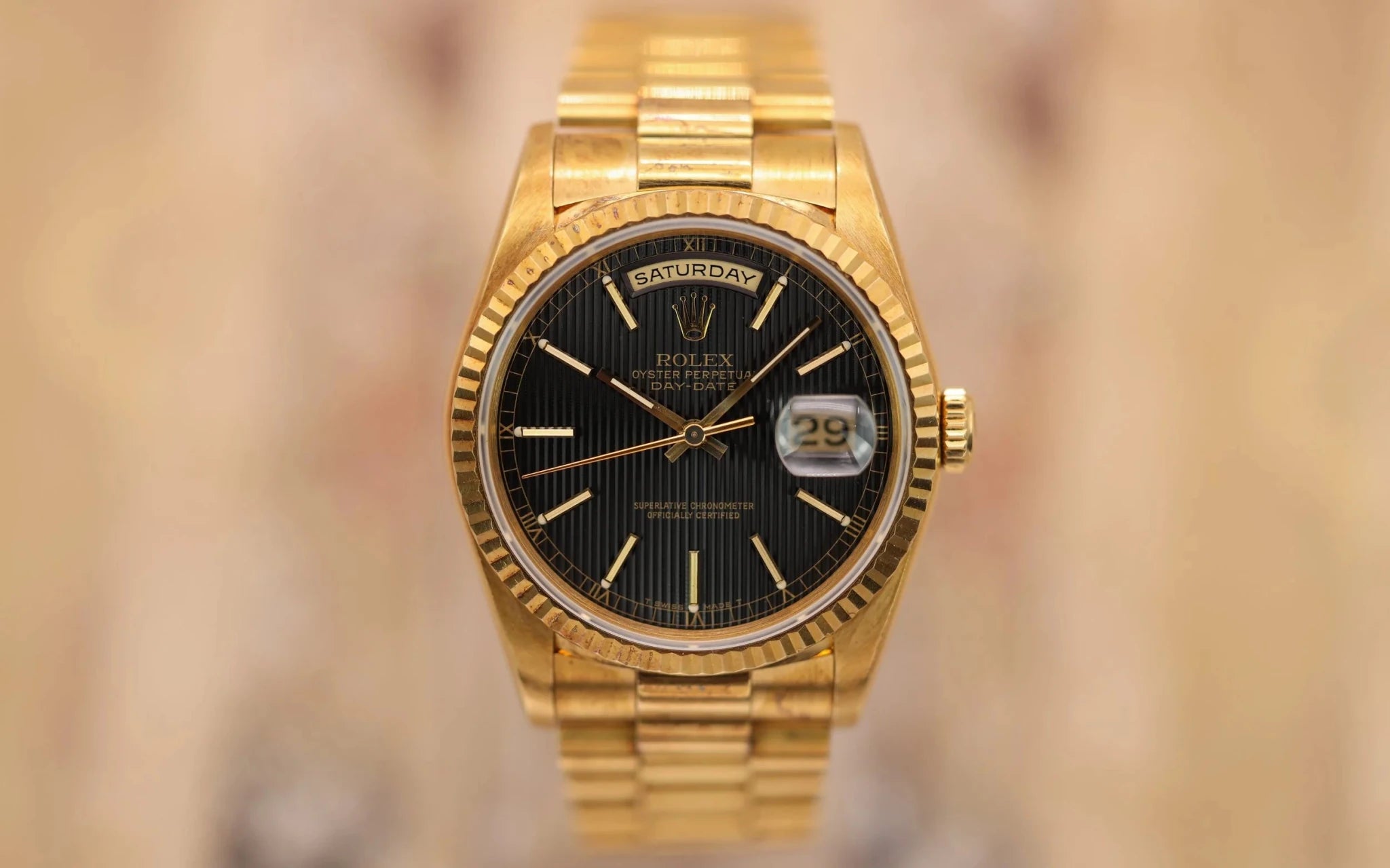 1991 Rolex Day-Date Ref. 18238 | Black Tapestry Dial - Sierra Time Co
