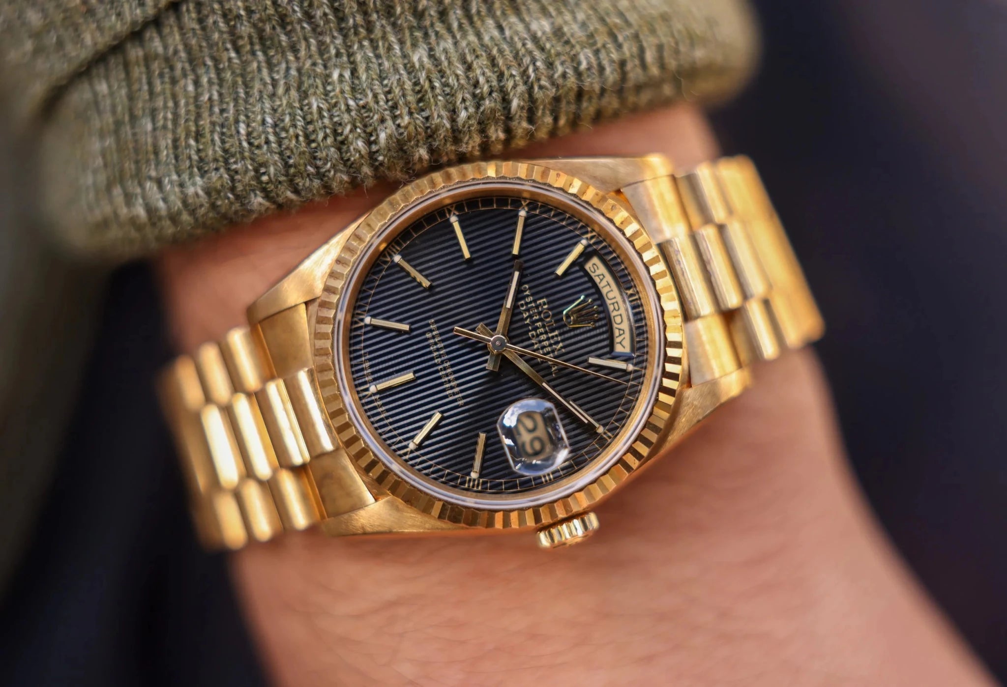 1991 Rolex Day-Date Ref. 18238 | Black Tapestry Dial - Sierra Time Co