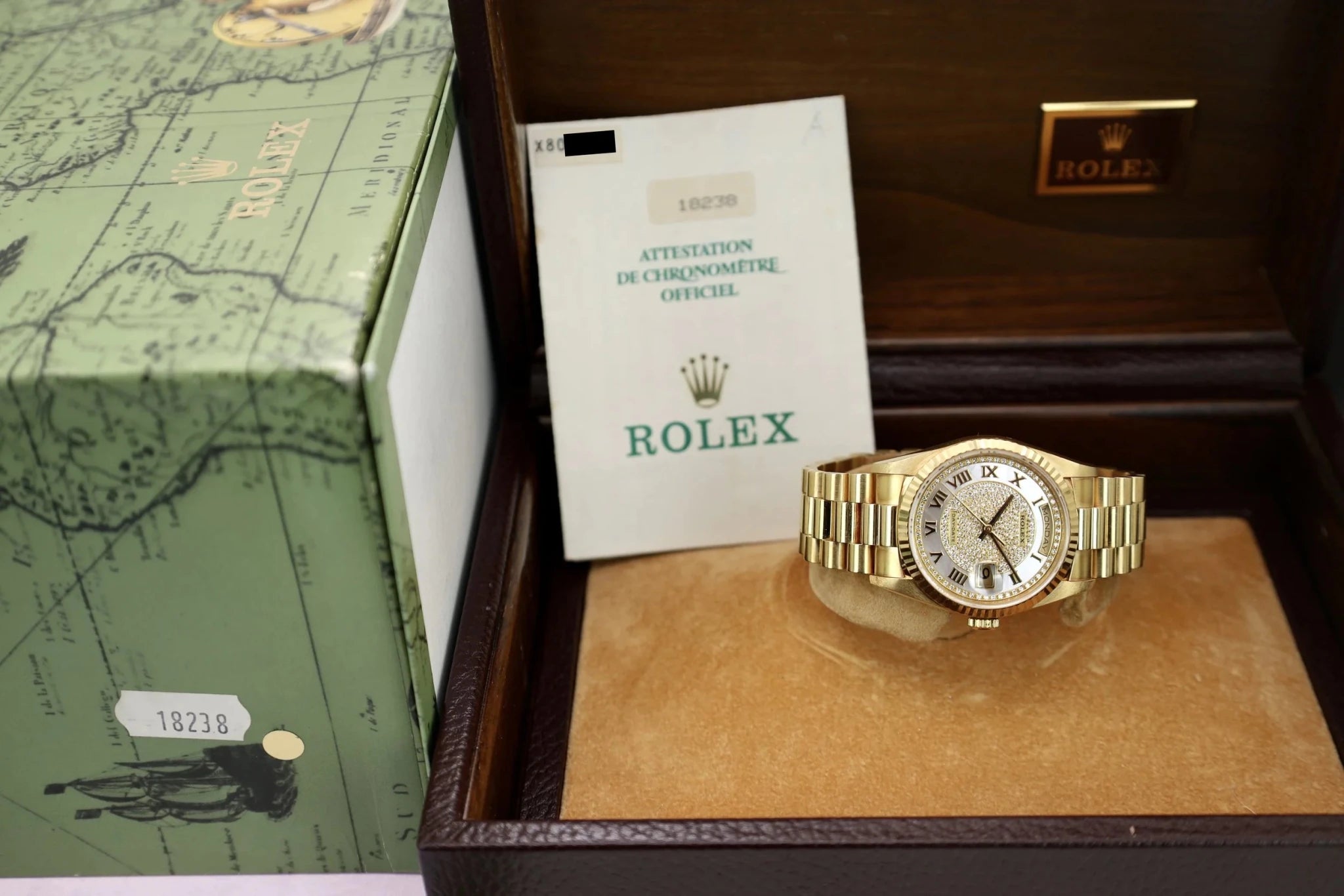 1991 Rolex Day-Date Ref. 18238A | MOP Pave Diamond Dial | Box and Papers - Sierra Time Co