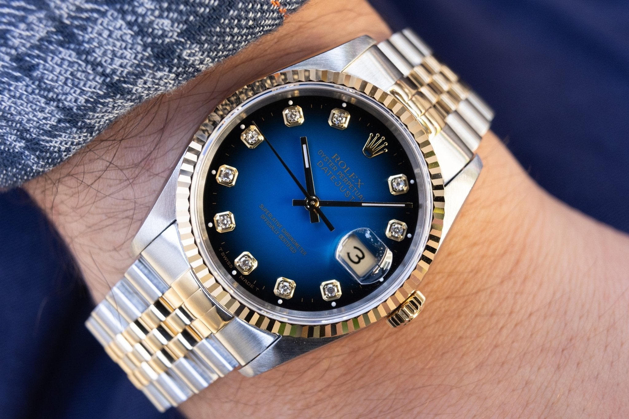 1995 Rolex Datejust Ref. 16233 | Blue Vignette Big Diamond Dial - Sierra Time Co