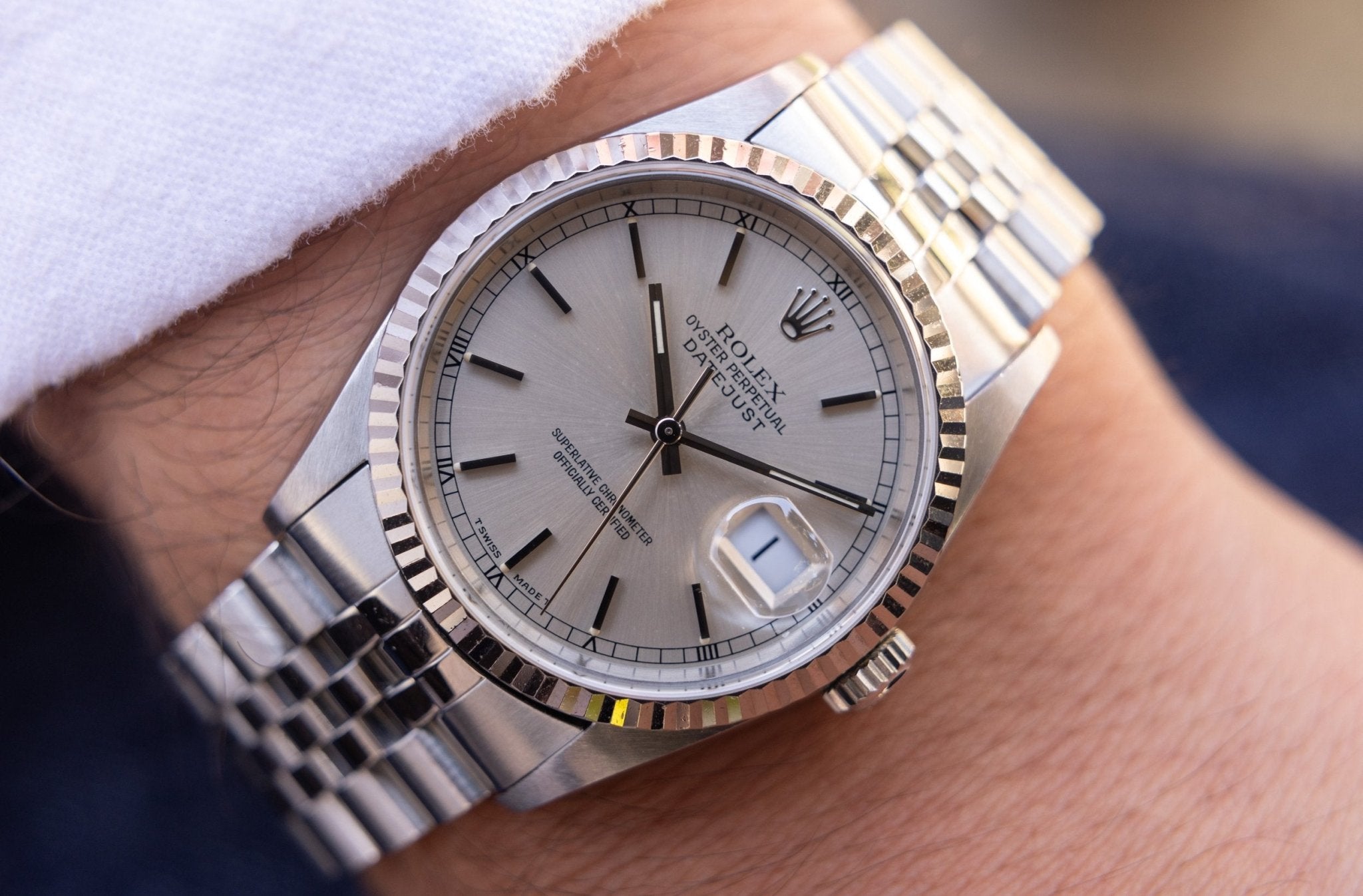 1995 Rolex Datejust Ref. 16234 | Silver Stick Dial | No-Holes Case - Sierra Time Co