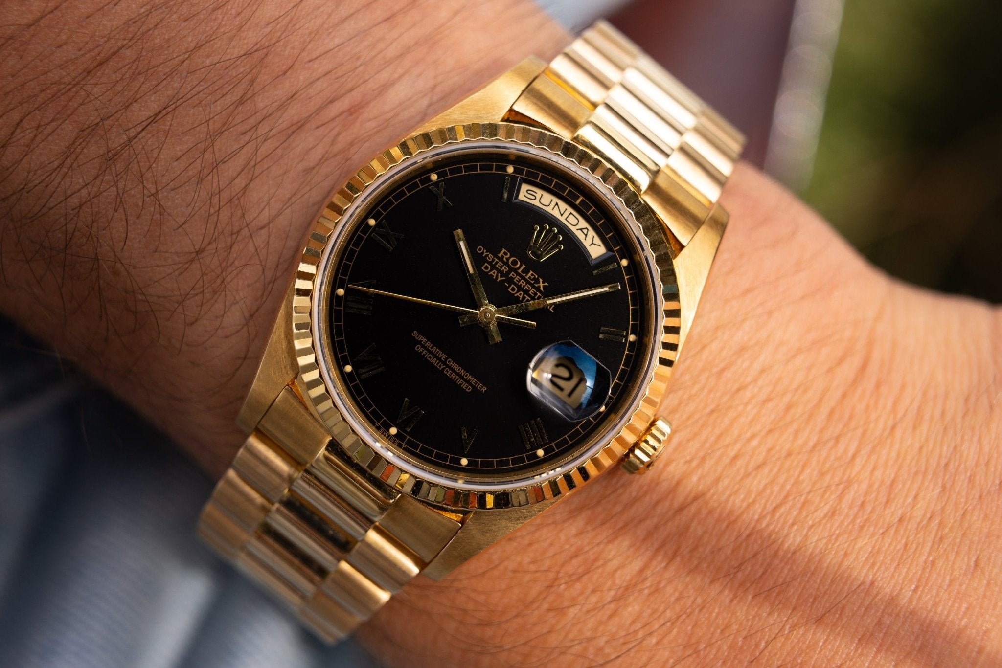 1995 Rolex Day-Date Ref. 18238 | 18K YG | Black Roman Numeral Dial - Sierra Time Co