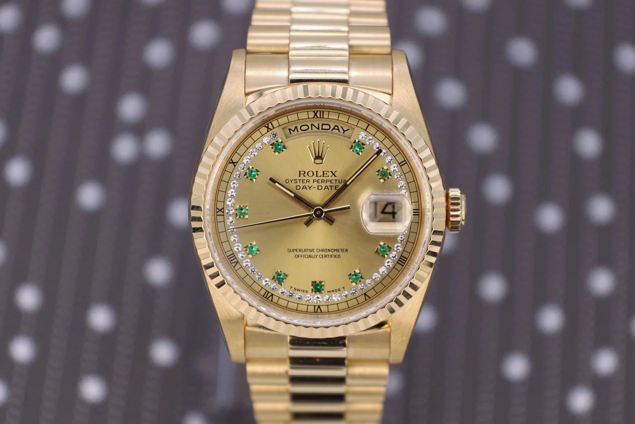 1995 Rolex Day-Date Ref. 18238 | Emerald and Diamond String Dial | Full Set - Sierra Time Co