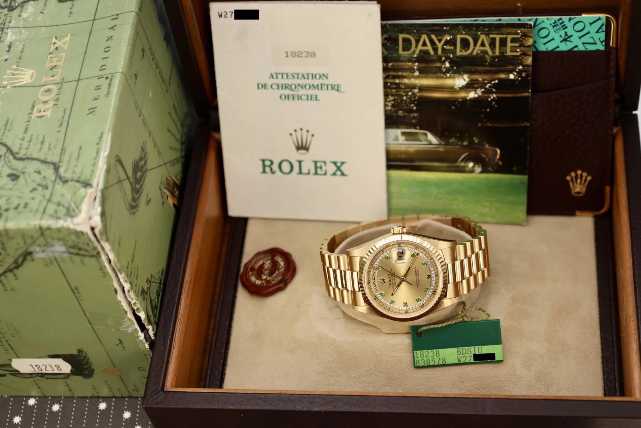 1995 Rolex Day-Date Ref. 18238 | Emerald and Diamond String Dial | Full Set - Sierra Time Co