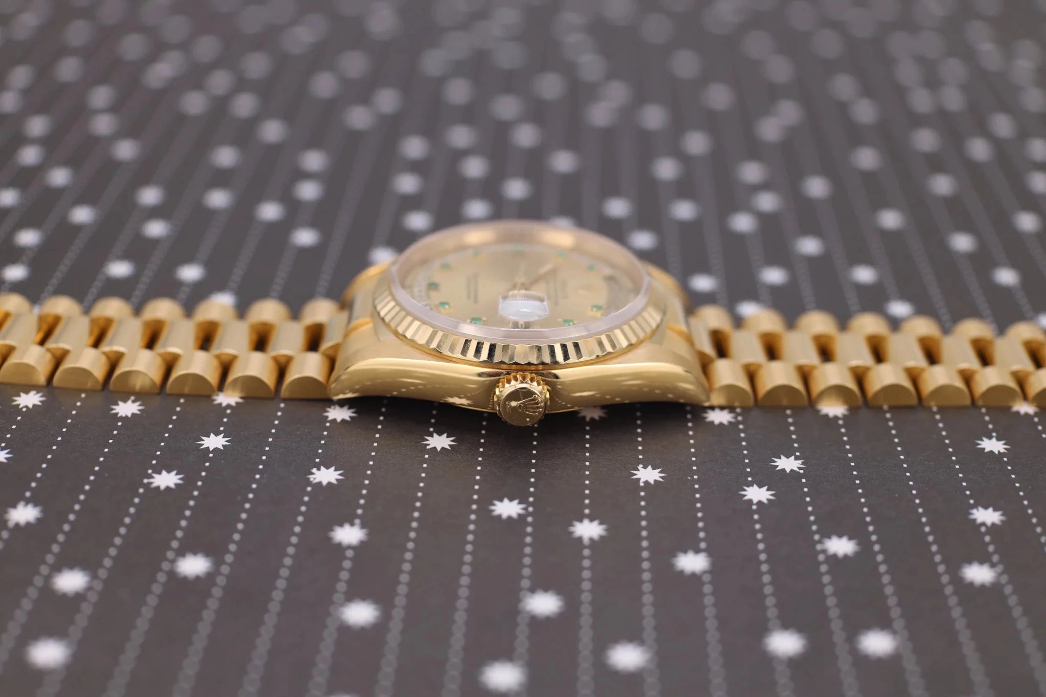 1995 Rolex Day-Date Ref. 18238 | Emerald and Diamond String Dial | Full Set - Sierra Time Co