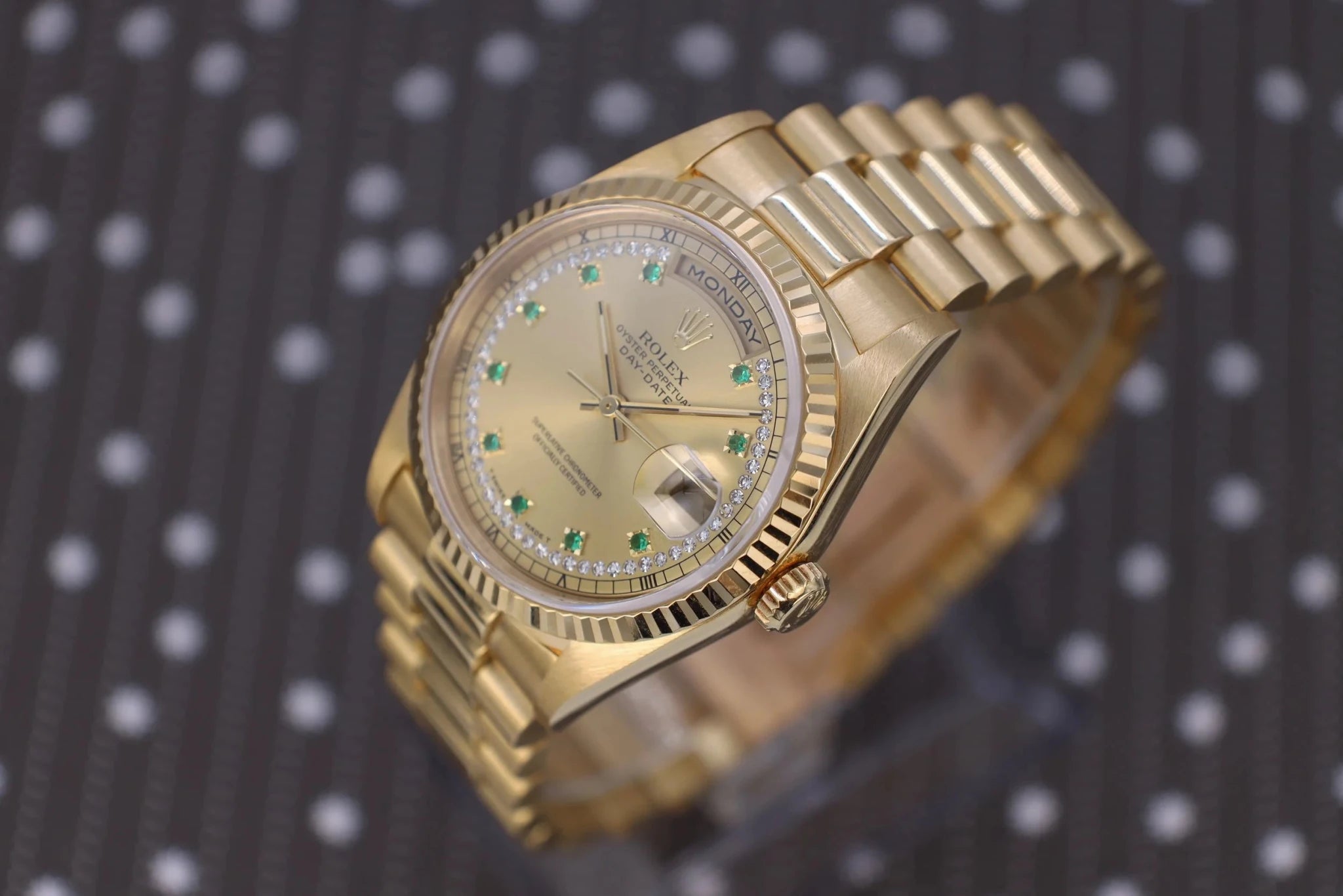 1995 Rolex Day-Date Ref. 18238 | Emerald and Diamond String Dial | Full Set - Sierra Time Co