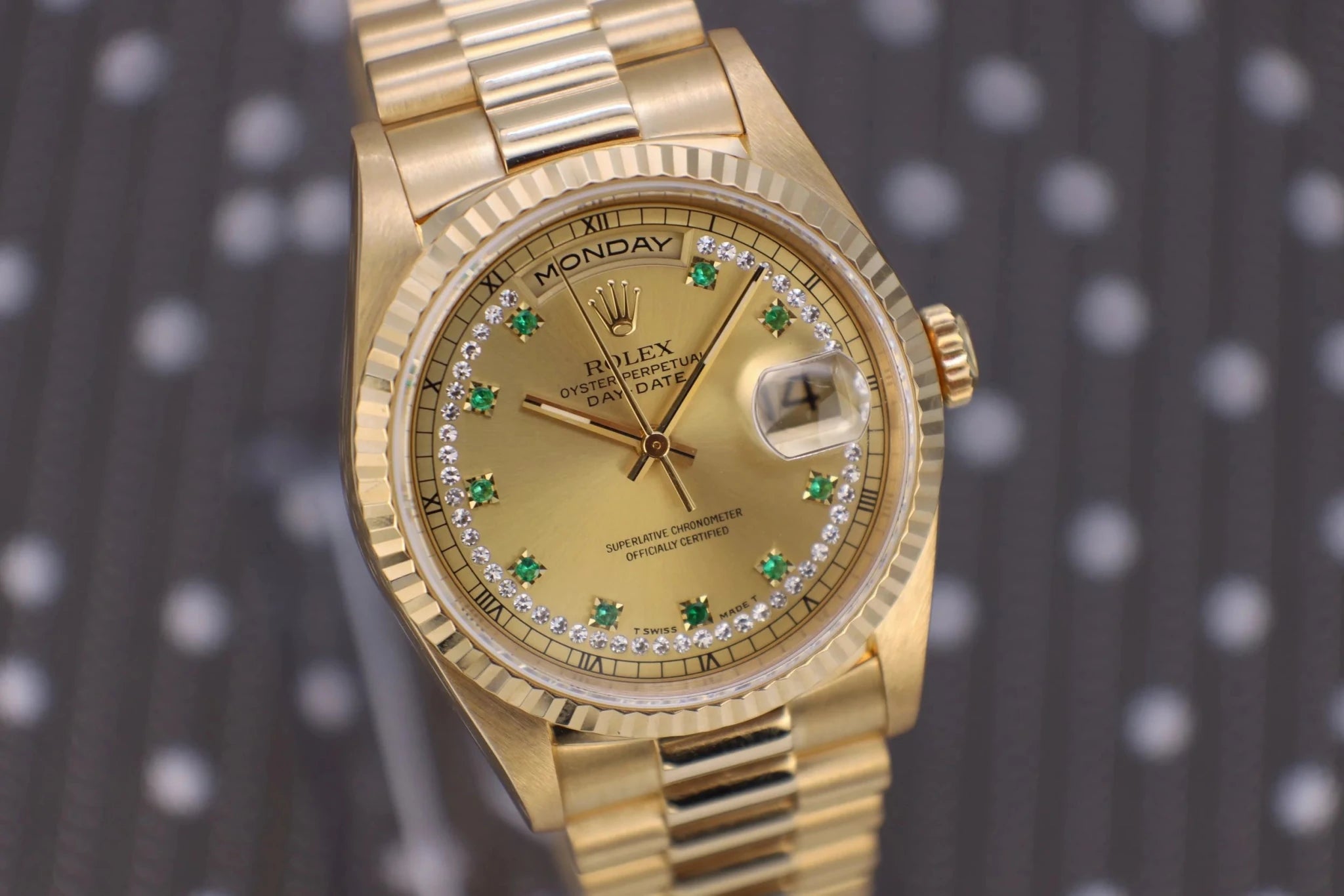 1995 Rolex Day-Date Ref. 18238 | Emerald and Diamond String Dial | Full Set - Sierra Time Co
