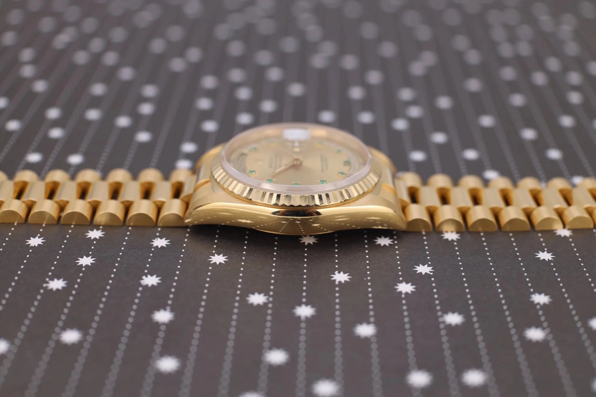 1995 Rolex Day-Date Ref. 18238 | Emerald and Diamond String Dial | Full Set - Sierra Time Co