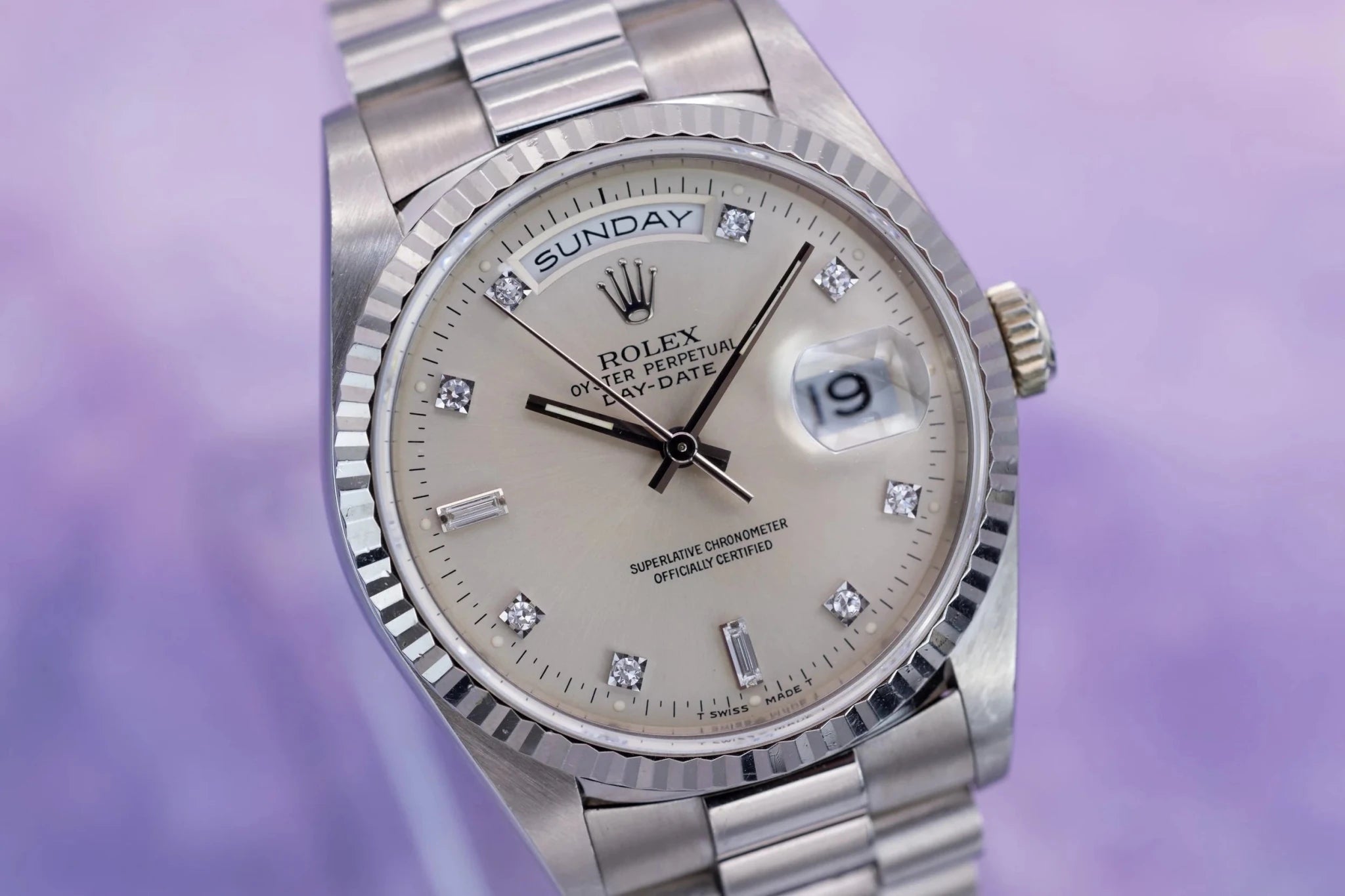 1995 Rolex Day-Date Ref. 18239 | Silver Diamond Dial - Sierra Time Co
