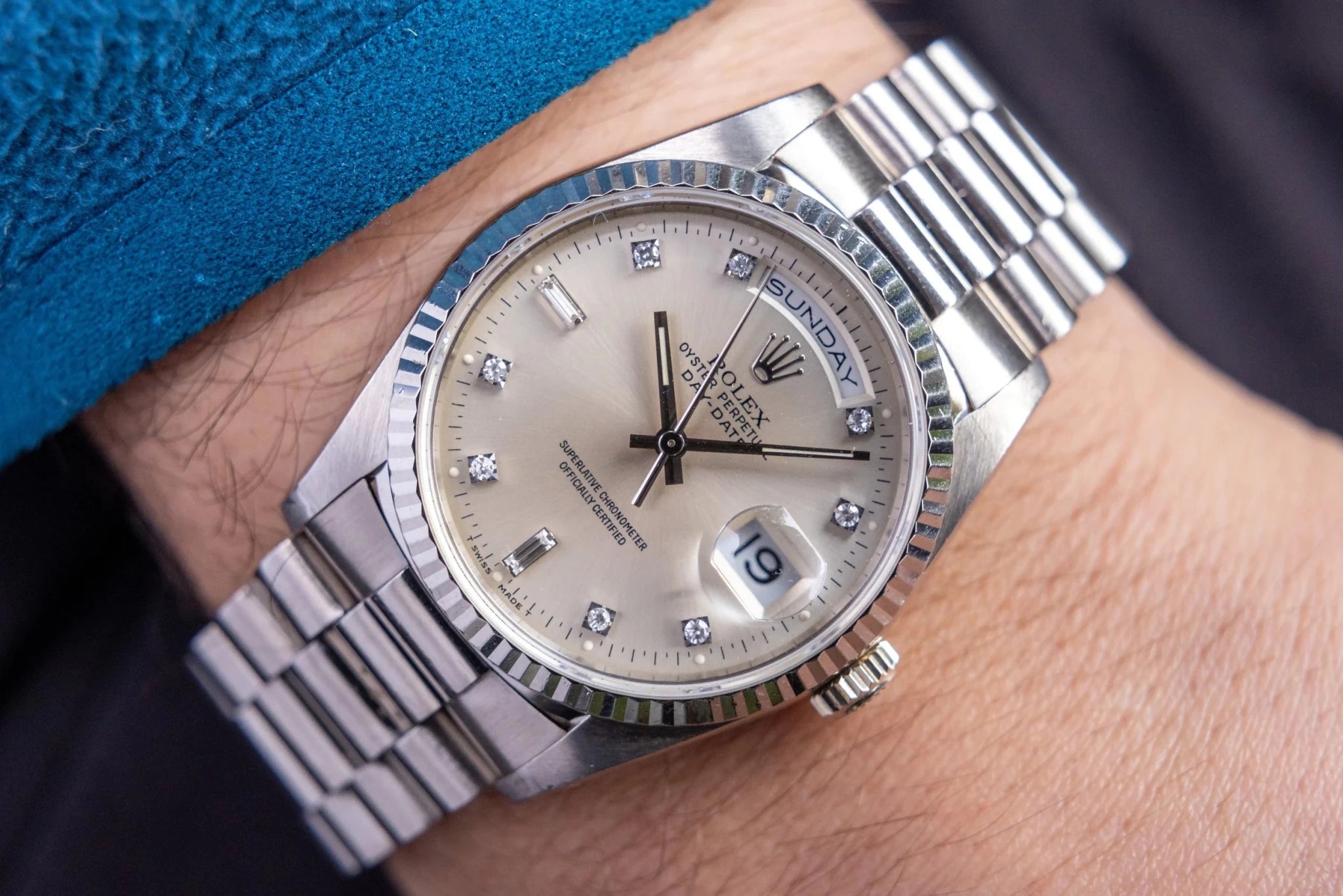 1995 Rolex Day-Date Ref. 18239 | Silver Diamond Dial - Sierra Time Co