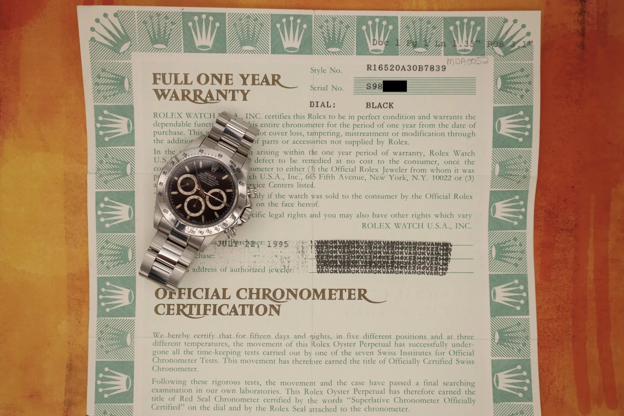 1995 Rolex Zenith Daytona Ref. 16520 | Papers - Sierra Time Co