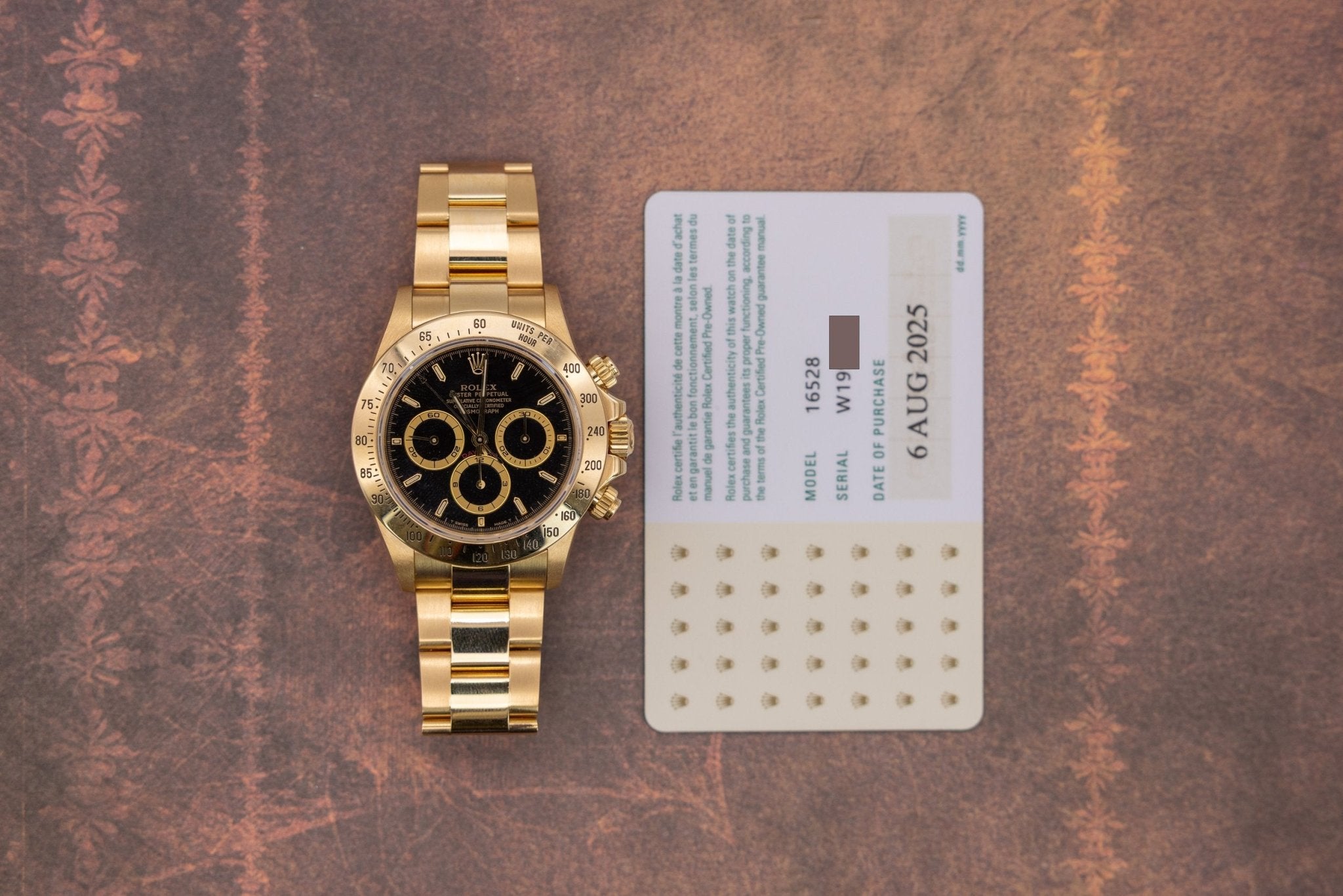 1995 Rolex Zenith Daytona Ref. 16528 | 18K Yellow Gold | Black Dial | Rolex CPO Guarantee Card - Sierra Time Co