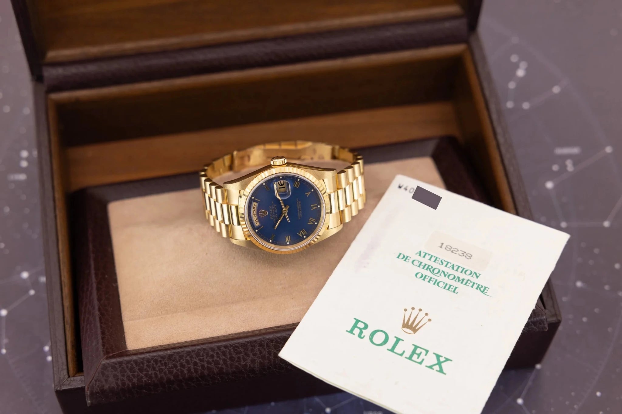 1996 Rolex Day-Date Ref. 18238 | Matte Blue Roman Dial | Box and Papers - Sierra Time Co