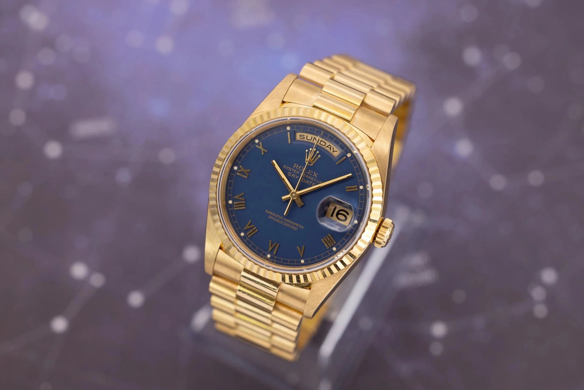 1996 Rolex Day-Date Ref. 18238 | Matte Blue Roman Dial | Box and Papers - Sierra Time Co