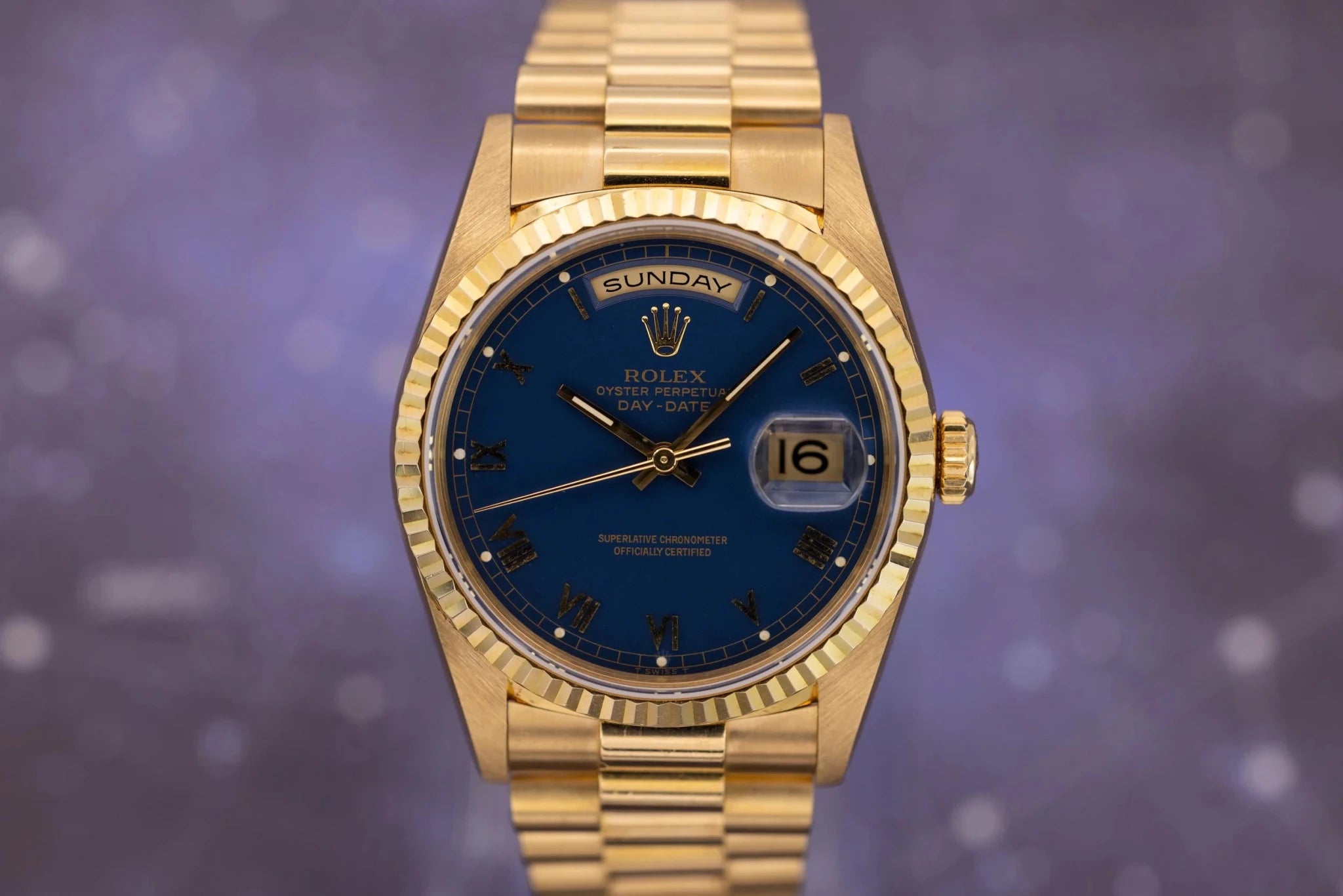 1996 Rolex Day-Date Ref. 18238 | Matte Blue Roman Dial | Box and Papers - Sierra Time Co