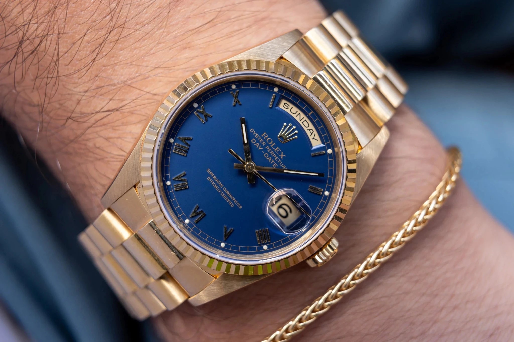 1996 Rolex Day-Date Ref. 18238 | Matte Blue Roman Dial | Box and Papers - Sierra Time Co