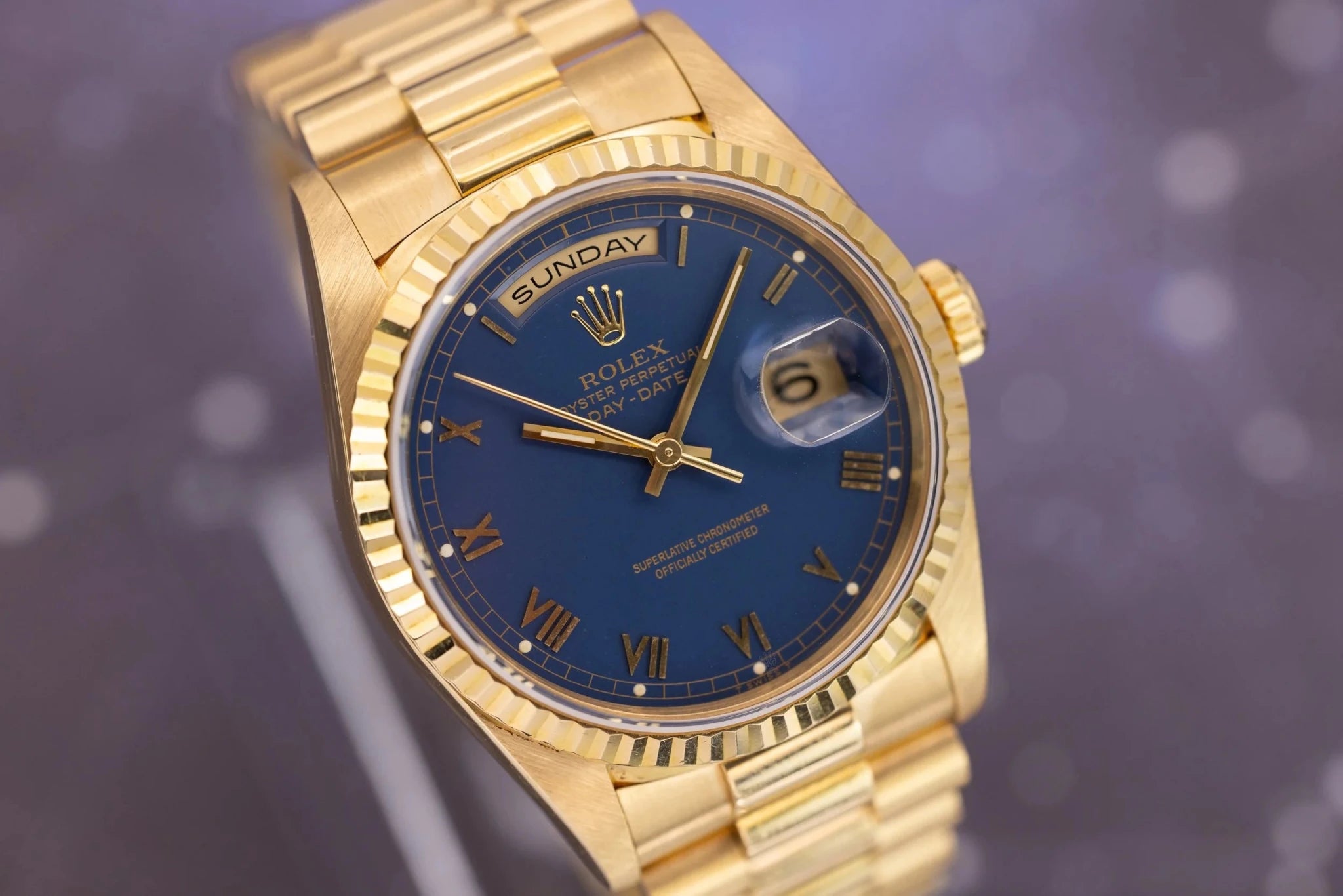 1996 Rolex Day-Date Ref. 18238 | Matte Blue Roman Dial | Box and Papers - Sierra Time Co