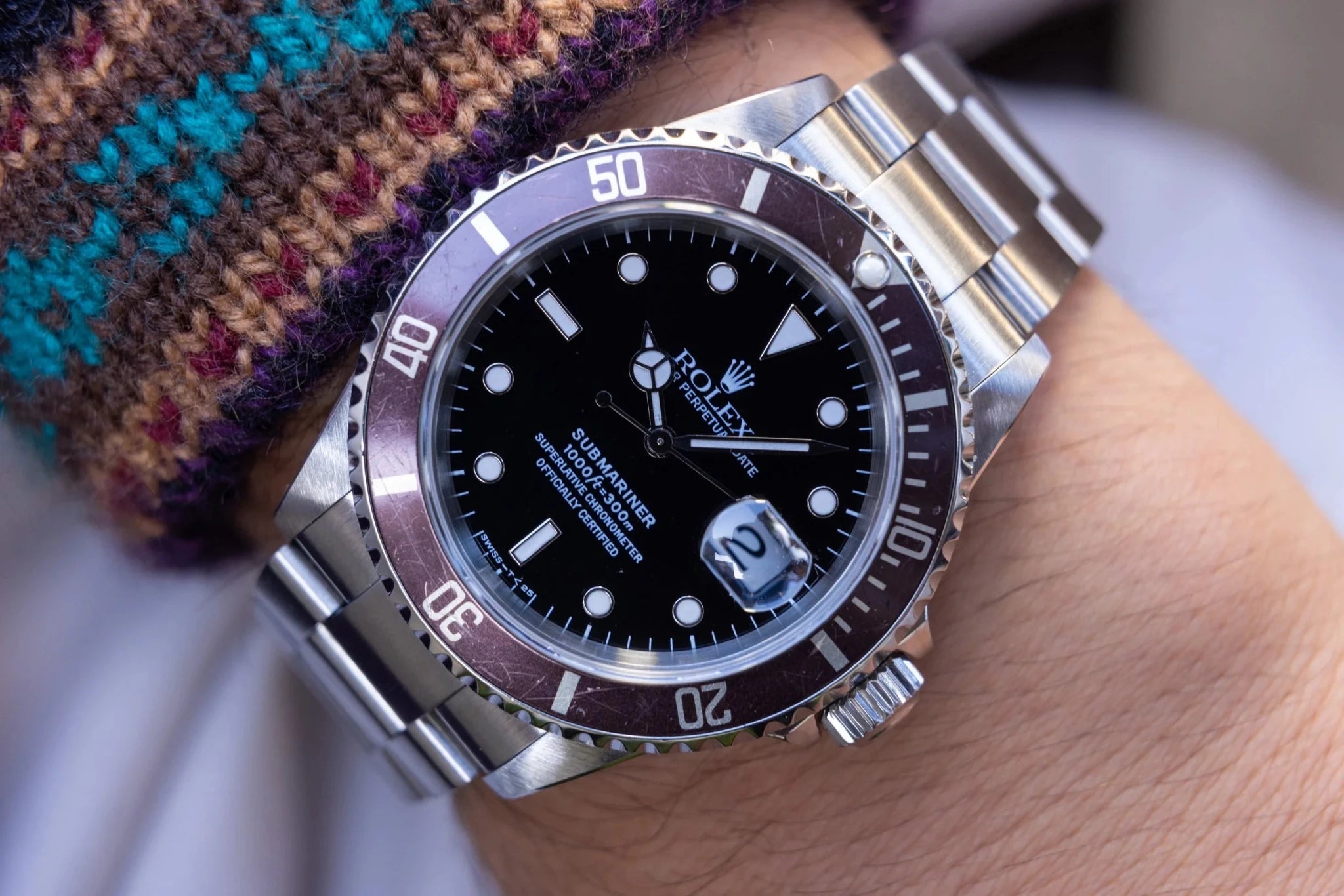 1996 Rolex Submariner Date Ref. 16610 | Burgundy Bezel | Box and Papers - Sierra Time Co