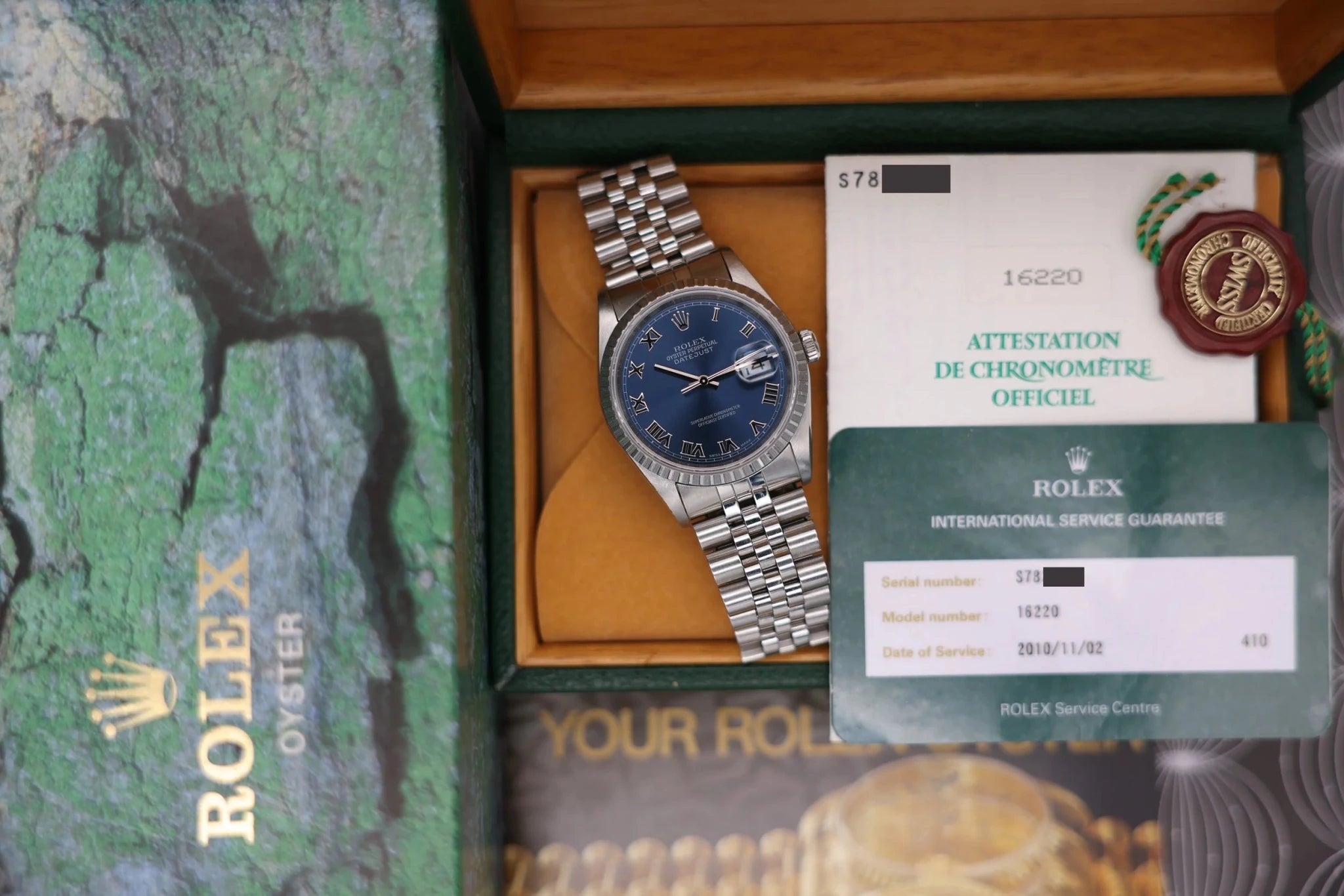 1997 Rolex Datejust Ref. 16220 | Blue Roman Numeral Dial | Box and Papers - Sierra Time Co