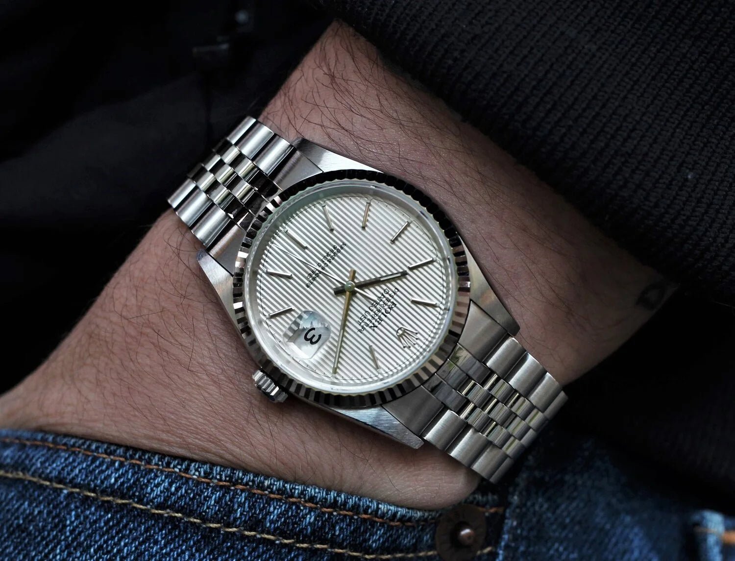 1997 Rolex Datejust Ref. 16234 Silver Tapestry Dial Full Set - Sierra Time Co