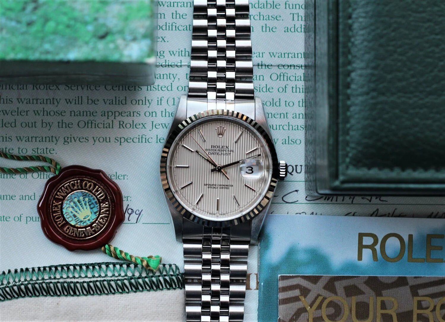 1997 Rolex Datejust Ref. 16234 Silver Tapestry Dial Full Set - Sierra Time Co