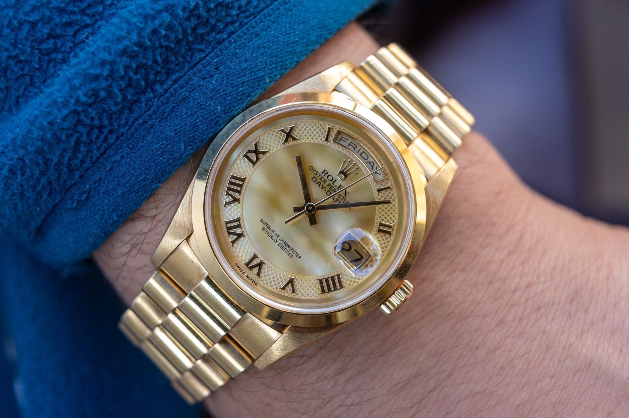 1999 Rolex Day-Date Ref. 18208 | Mother of Pearl Myriad Dial | 18K YG - Sierra Time Co