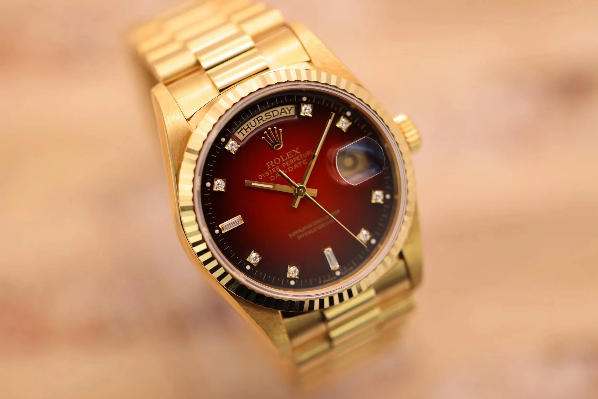 1999 Rolex Day-Date Ref. 18238 | Red Vignette Diamond Dial | Mint Condition - Sierra Time Co
