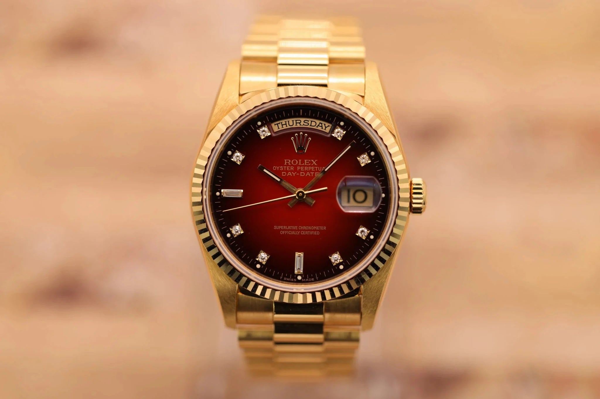 1999 Rolex Day-Date Ref. 18238 | Red Vignette Diamond Dial | Mint Condition - Sierra Time Co