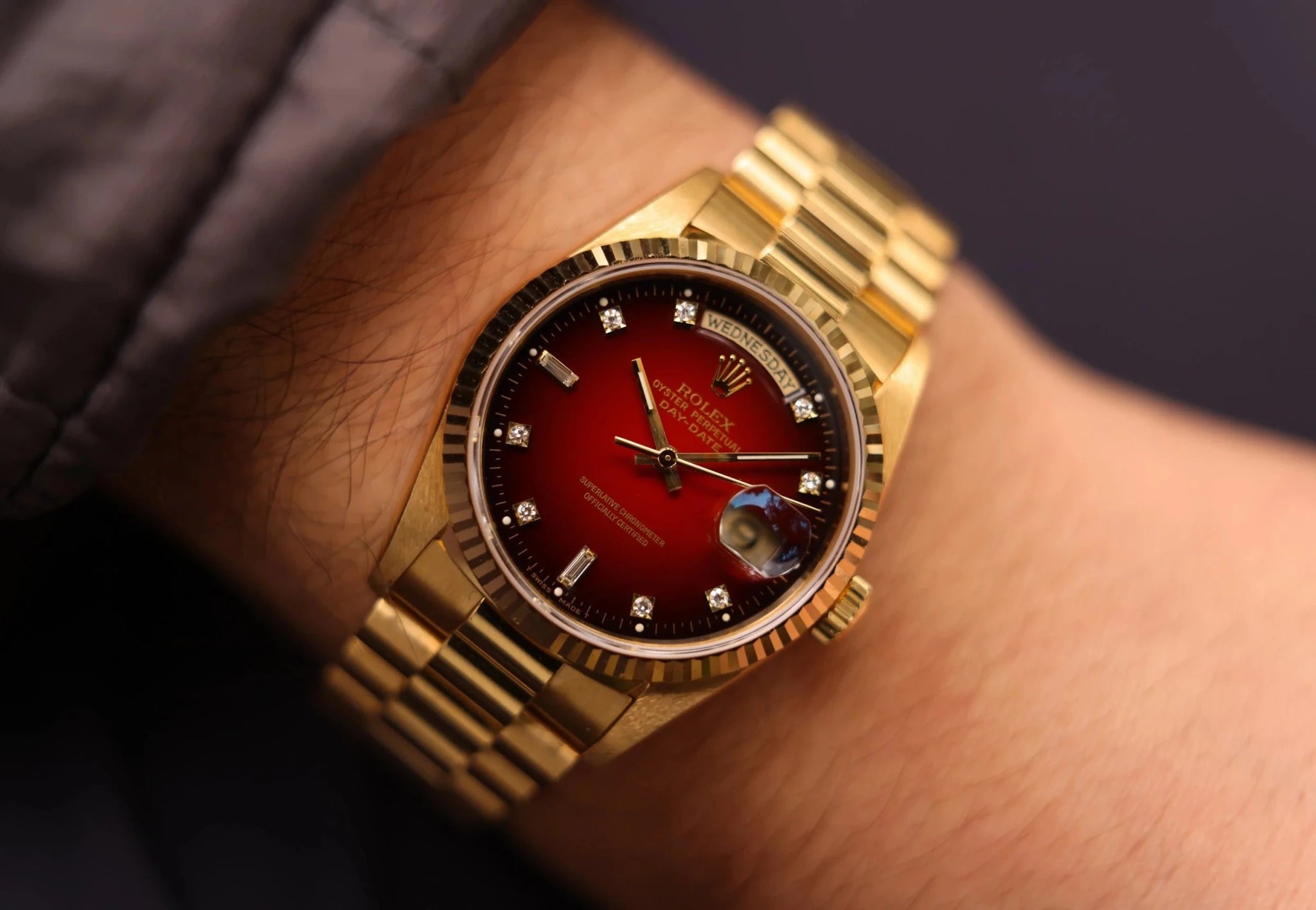 1999 Rolex Day-Date Ref. 18238 | Red Vignette Diamond Dial | Mint Condition - Sierra Time Co