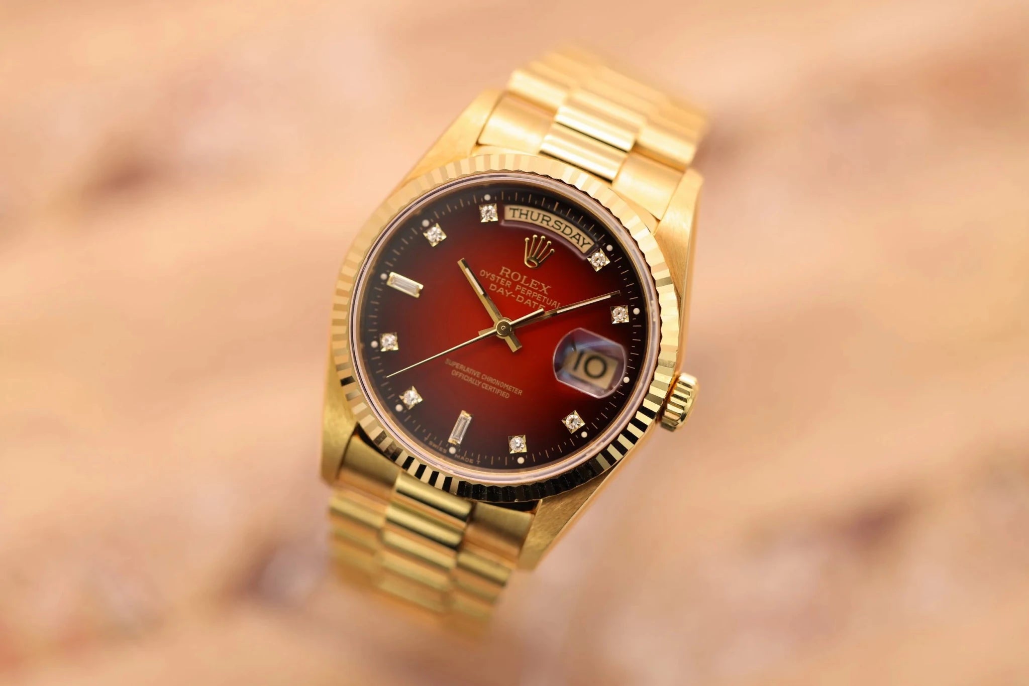 1999 Rolex Day-Date Ref. 18238 | Red Vignette Diamond Dial | Mint Condition - Sierra Time Co