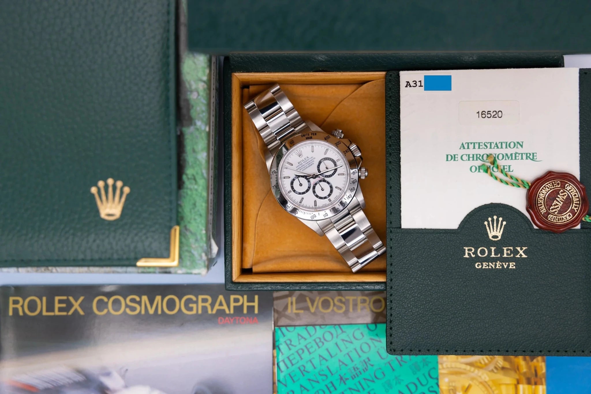 1999 Rolex Zenith Daytona Ref. 16520 | White Dial | New Old Stock | Box and Papers - Sierra Time Co