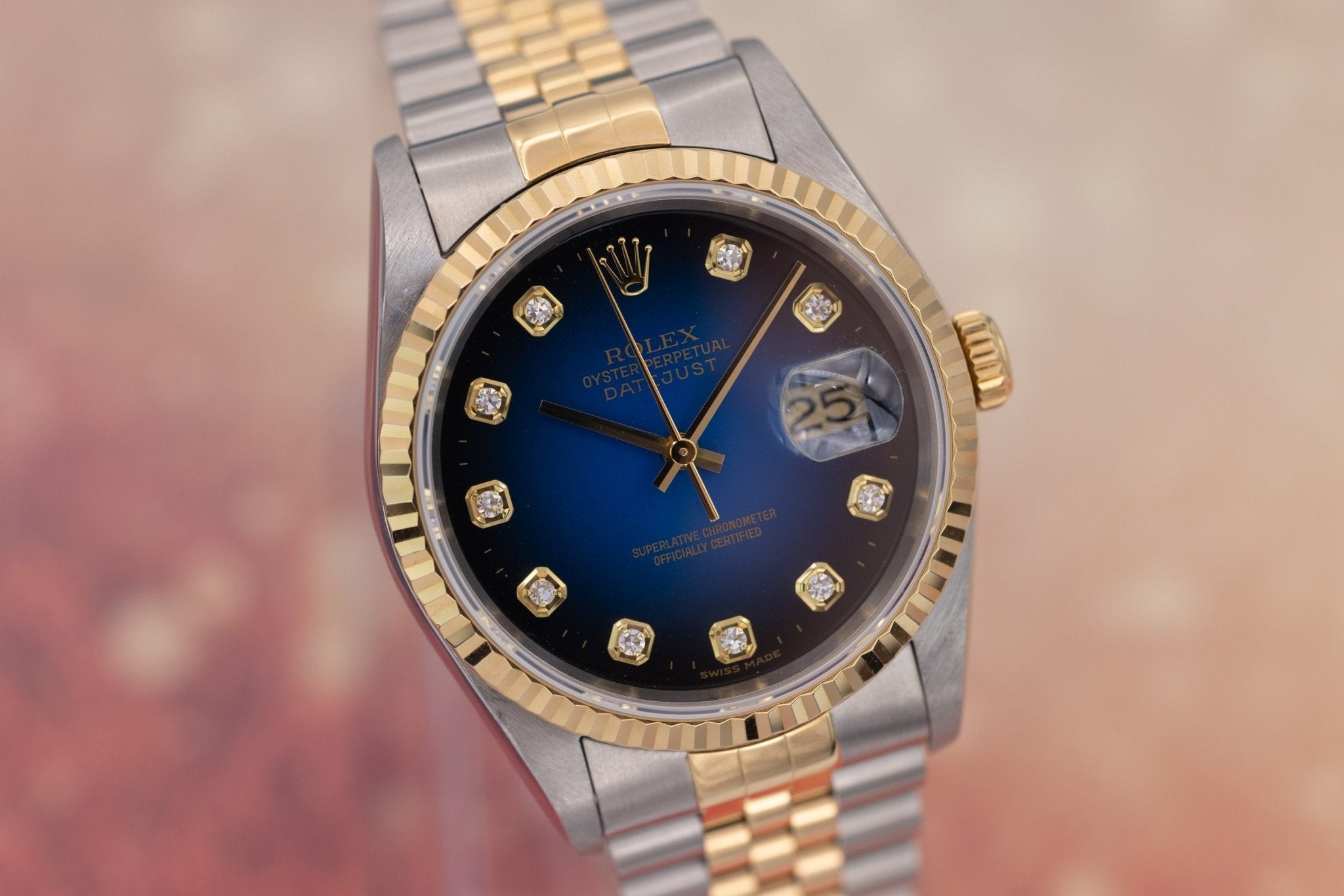 2000 Rolex Datejust Ref. 16233 | Blue Vignette Big Diamond Dial | Box and Papers - Sierra Time Co