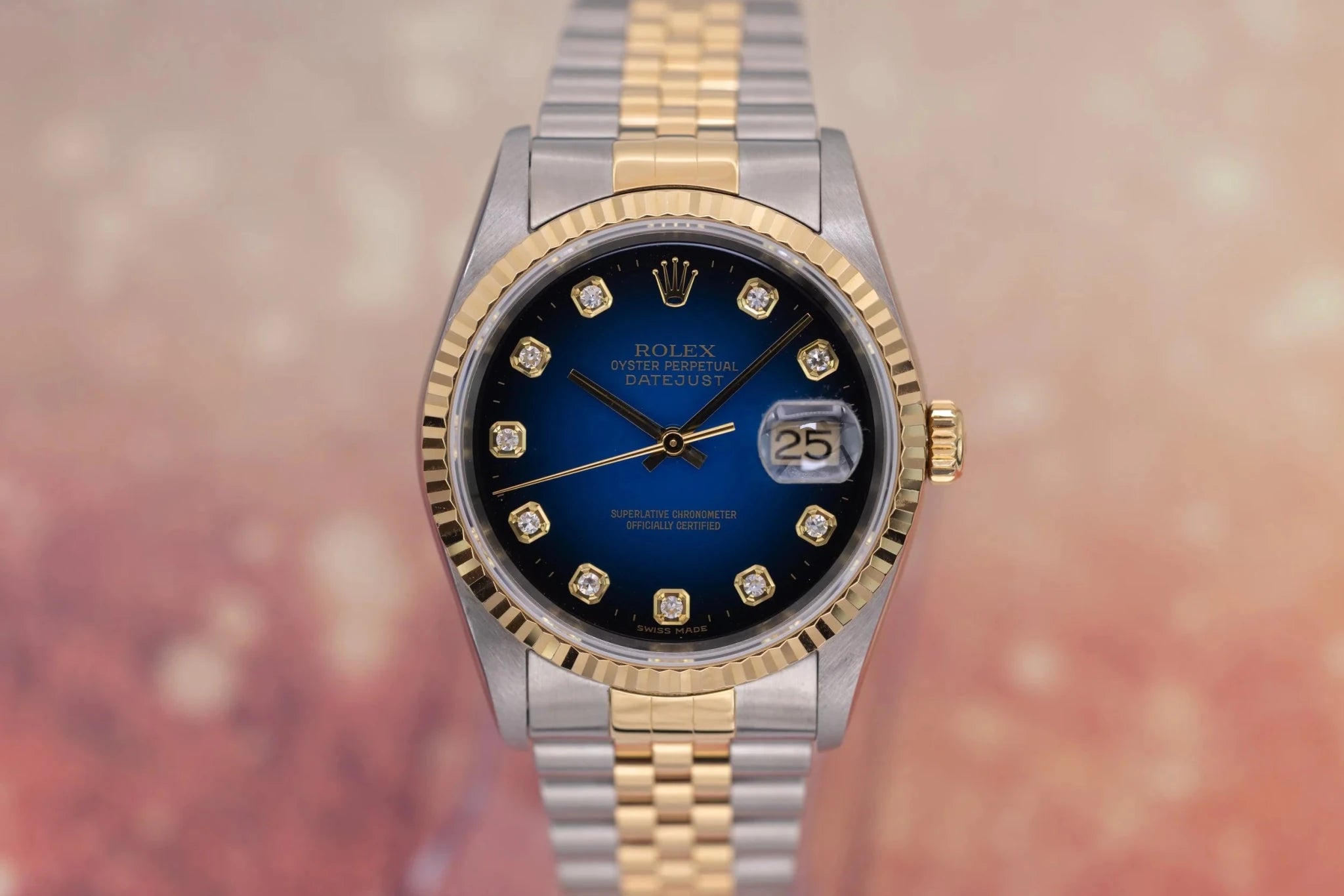 2000 Rolex Datejust Ref. 16233 | Blue Vignette Big Diamond Dial | Box and Papers - Sierra Time Co