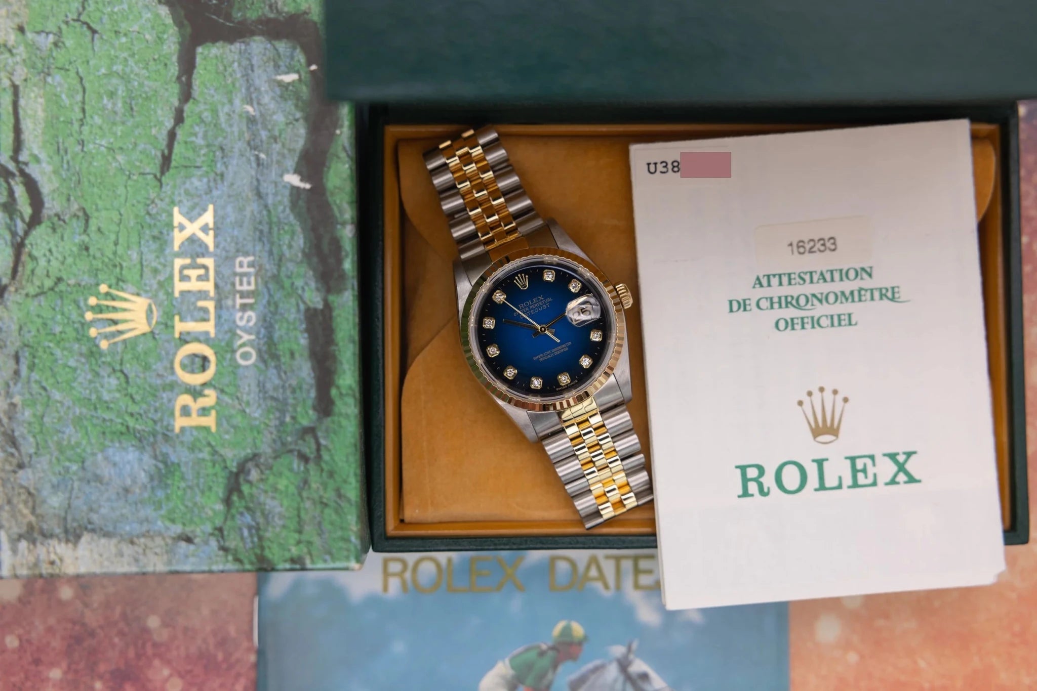 2000 Rolex Datejust Ref. 16233 | Blue Vignette Big Diamond Dial | Box and Papers - Sierra Time Co