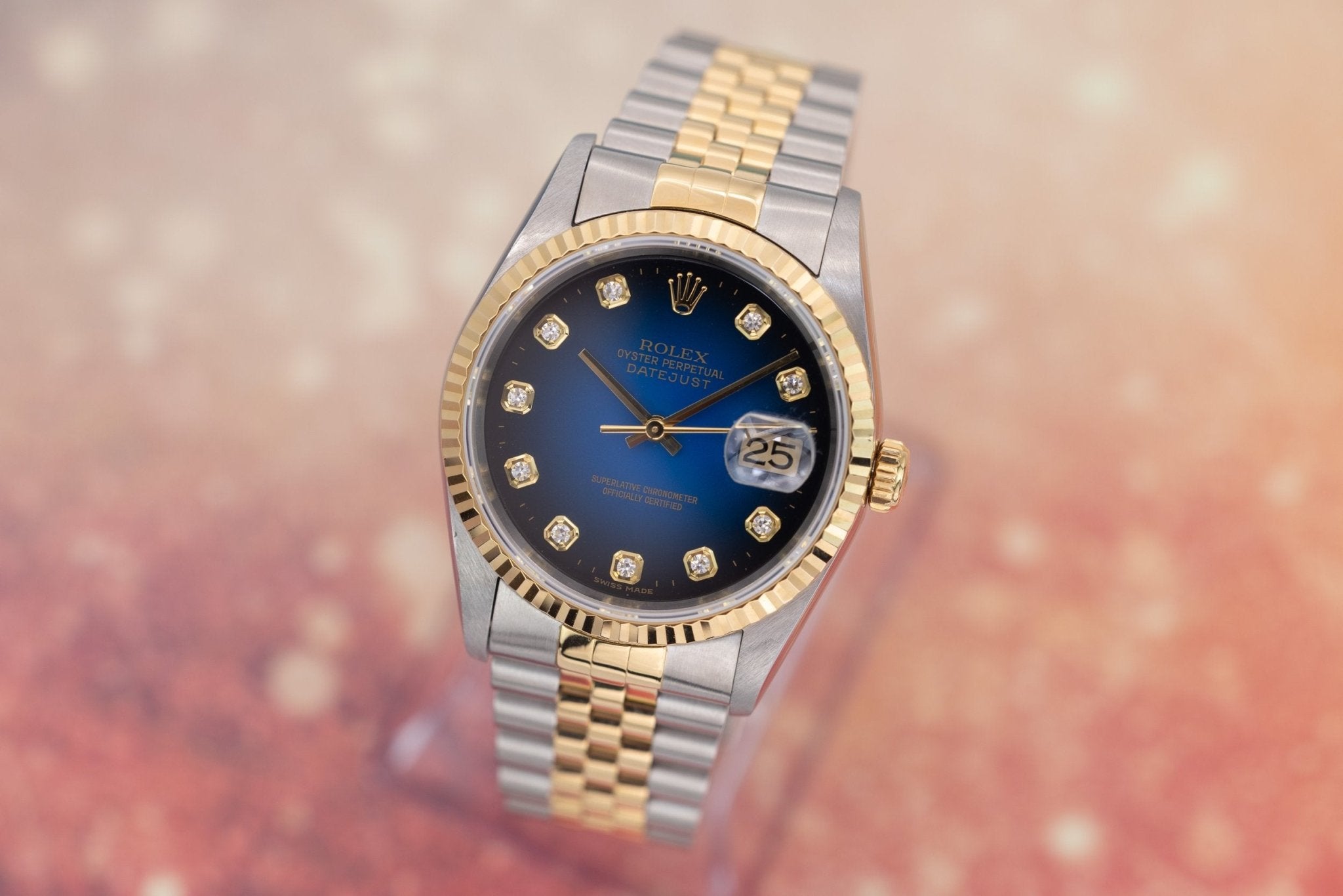 2000 Rolex Datejust Ref. 16233 | Blue Vignette Big Diamond Dial | Box and Papers - Sierra Time Co