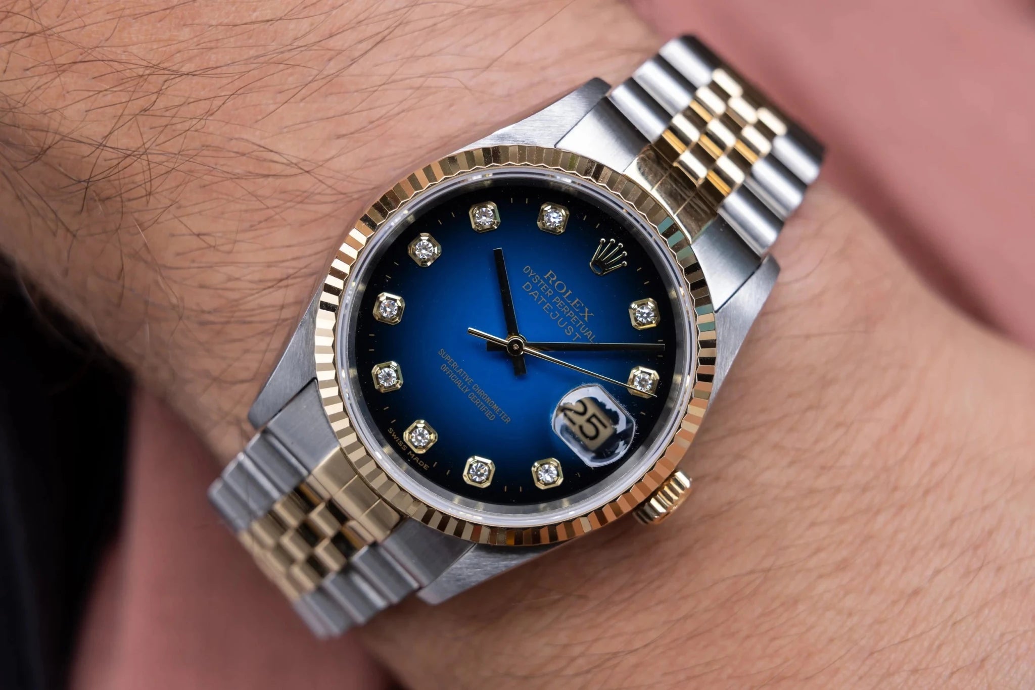 2000 Rolex Datejust Ref. 16233 | Blue Vignette Big Diamond Dial | Box and Papers - Sierra Time Co