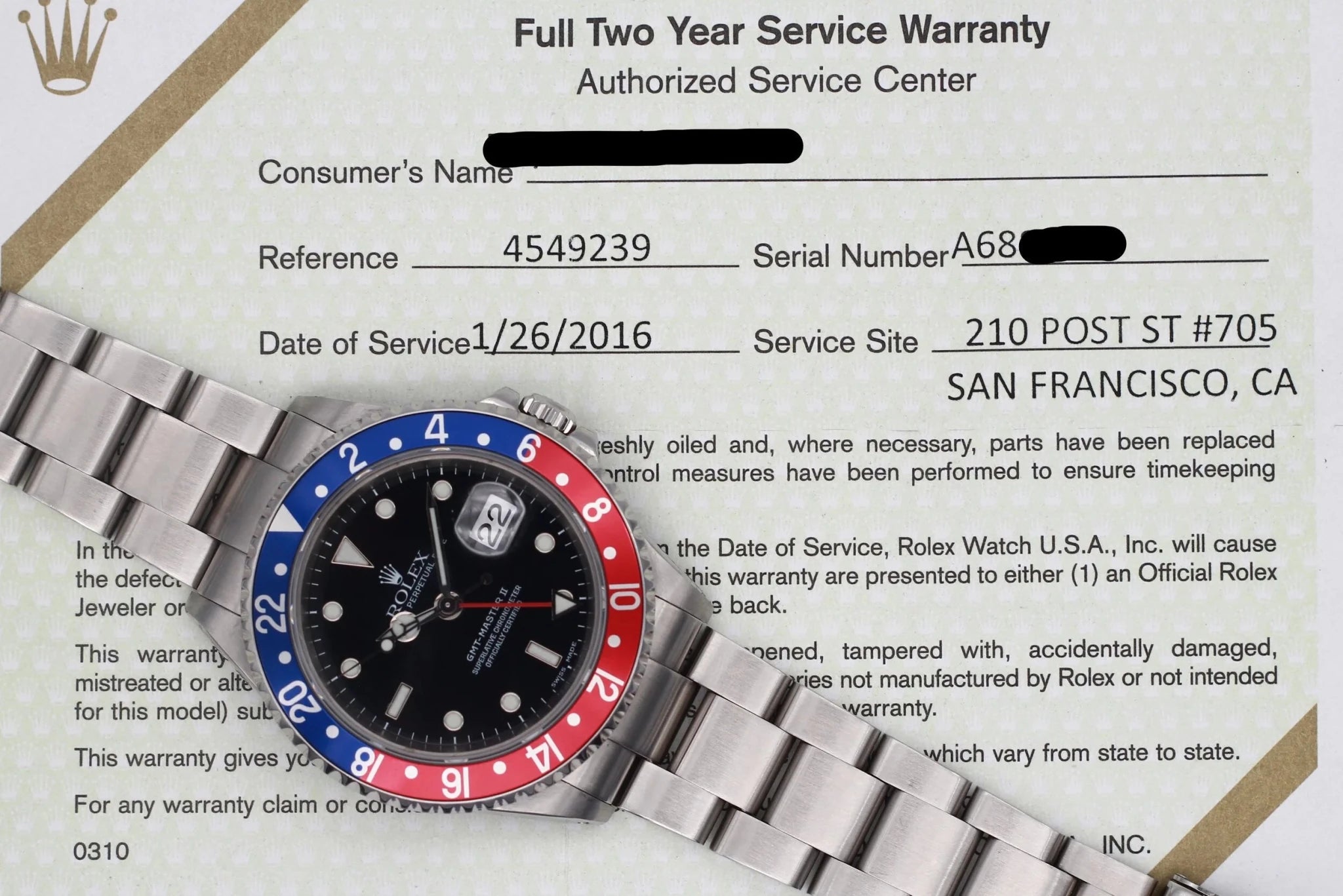 2000 Rolex GMT Master ll Ref. 16710 | RSC Service Records - Sierra Time Co