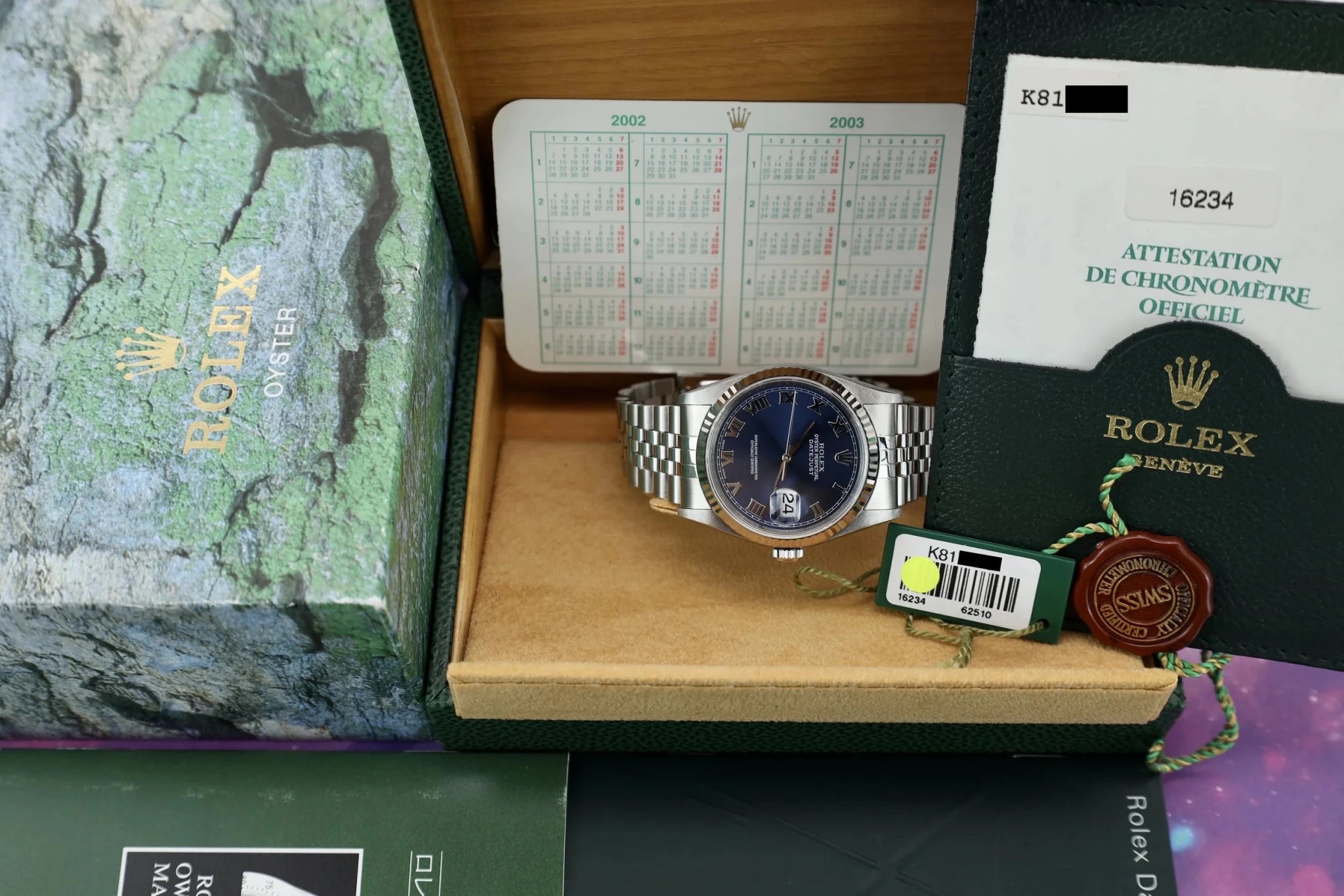 2002 Rolex Datejust Ref. 16234 | Blue Roman Dial | Box and Papers - Sierra Time Co