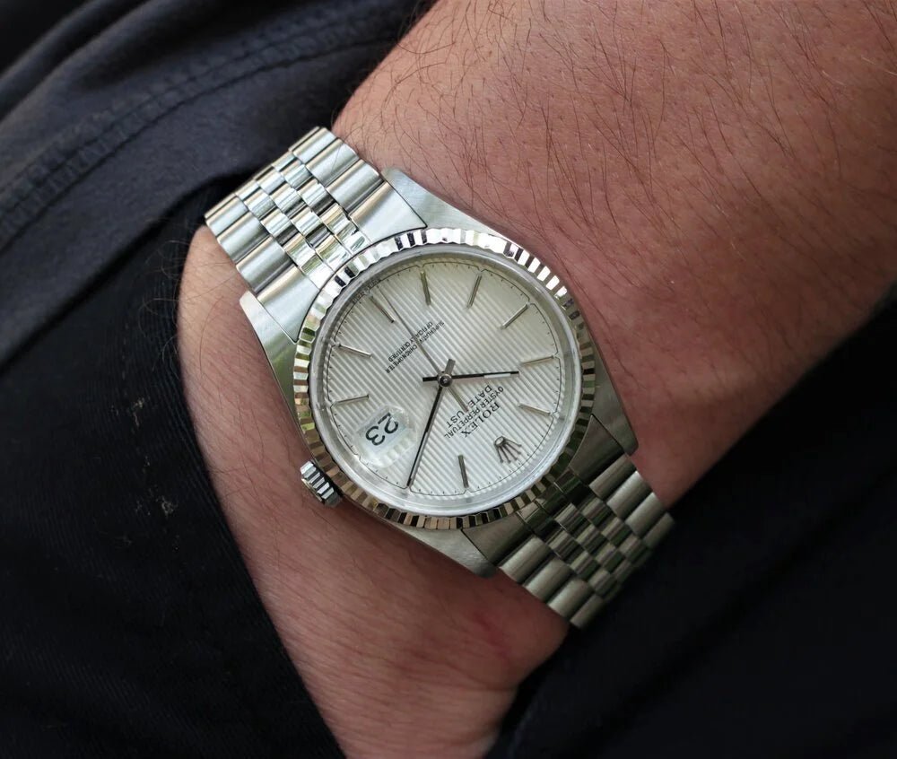 2002 Rolex Datejust Ref. 16234 Silver Tapestry Dial with RSC Service Records - Sierra Time Co