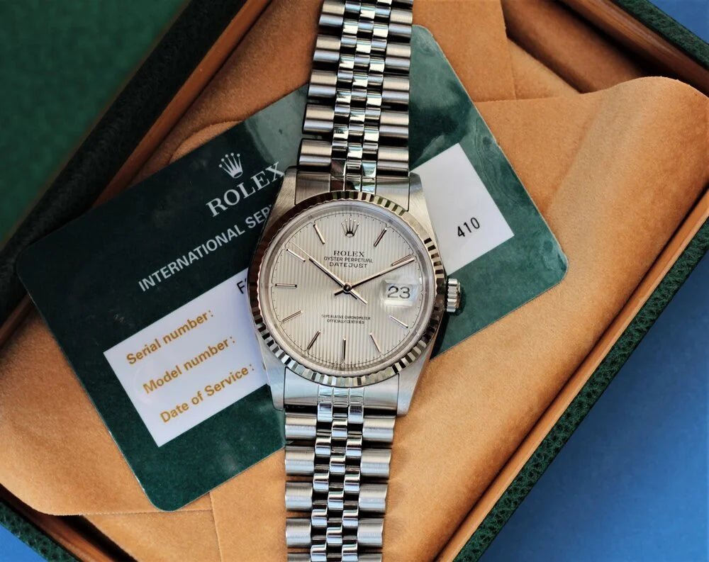 2002 Rolex Datejust Ref. 16234 Silver Tapestry Dial with RSC Service Records - Sierra Time Co