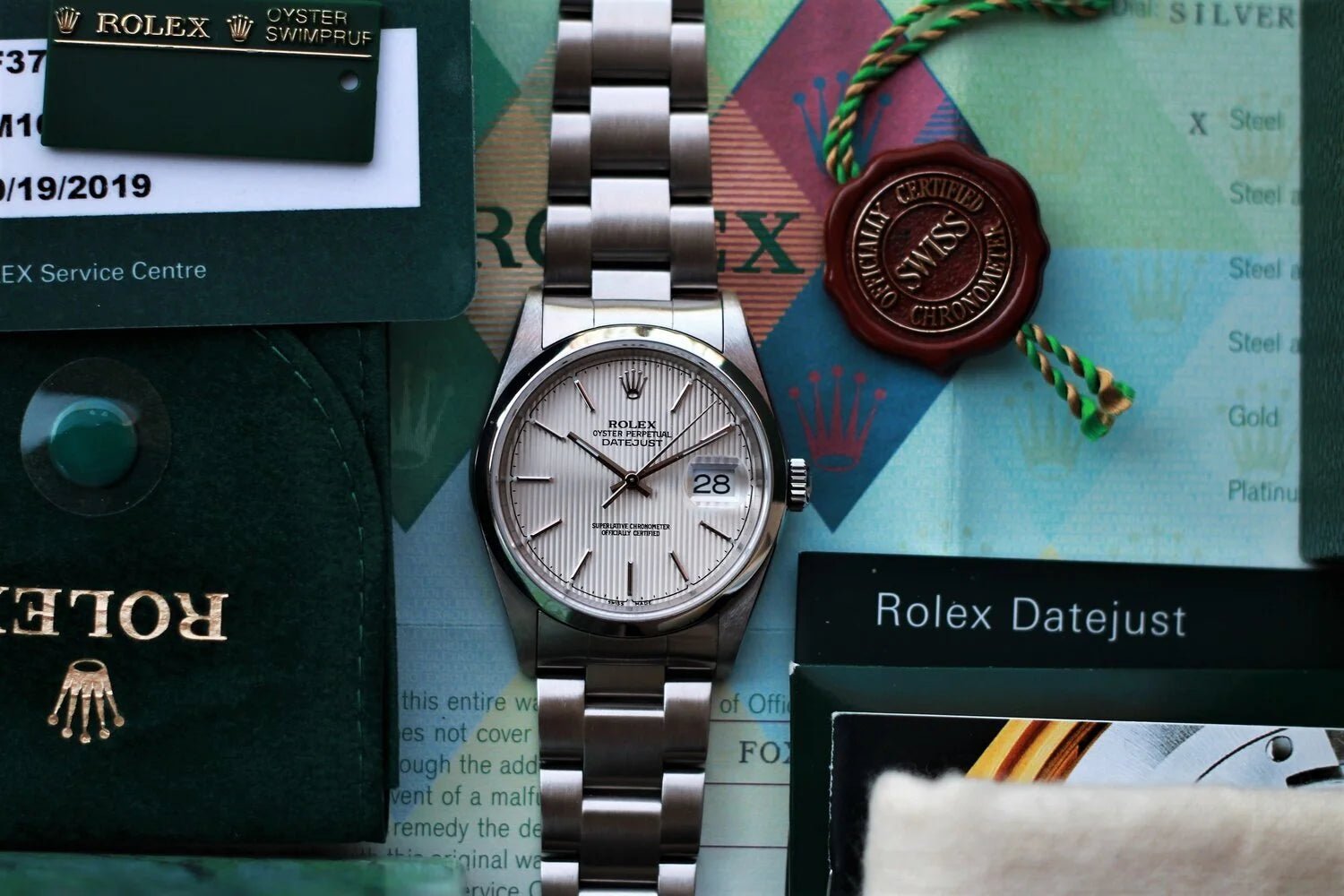 2004 Rolex Datejust Ref. 16200 Silver Tapestry Dial with 2019 RSC Card - Sierra Time Co