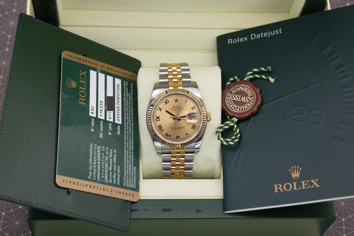 2012 Rolex Datejust Ref. 116233 | Champagne Roman Numeral Dial | Box and Papers - Sierra Time Co