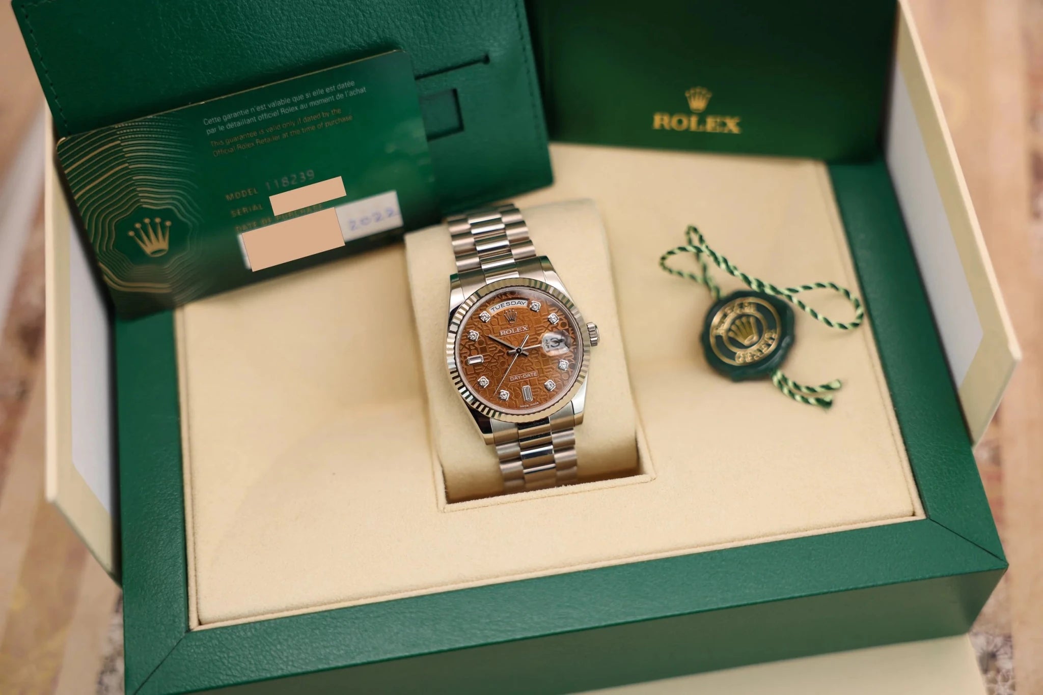 2022 Rolex Day-Date Ref. 118239 | Copper Diamond Dial | New Old Stock | Box and Papers - Sierra Time Co