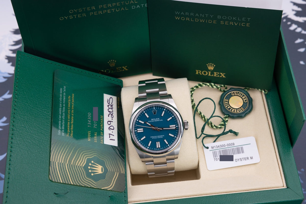 2025 Rolex Oyster Perpetual Ref. 134300 | Med Blue Dial | Box and Papers - Sierra Time Co
