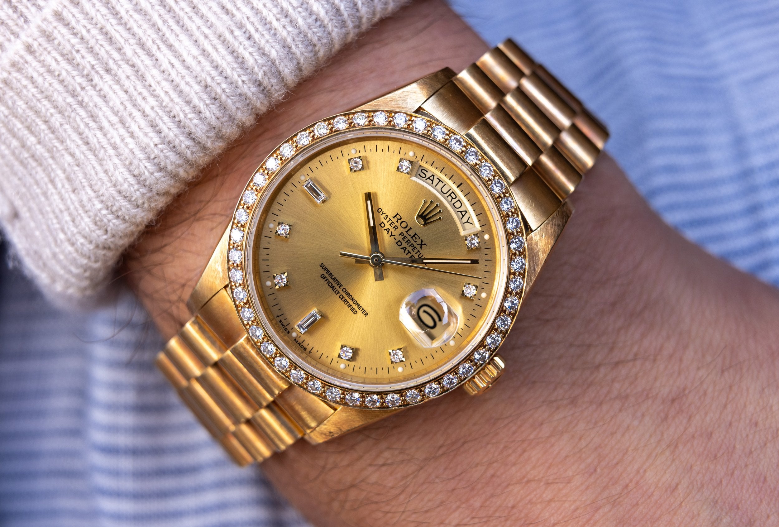 1986 Rolex Day-Date Ref. 18048A | Champagne Dial | Diamond Dial and Bezel - Sierra Time Co.