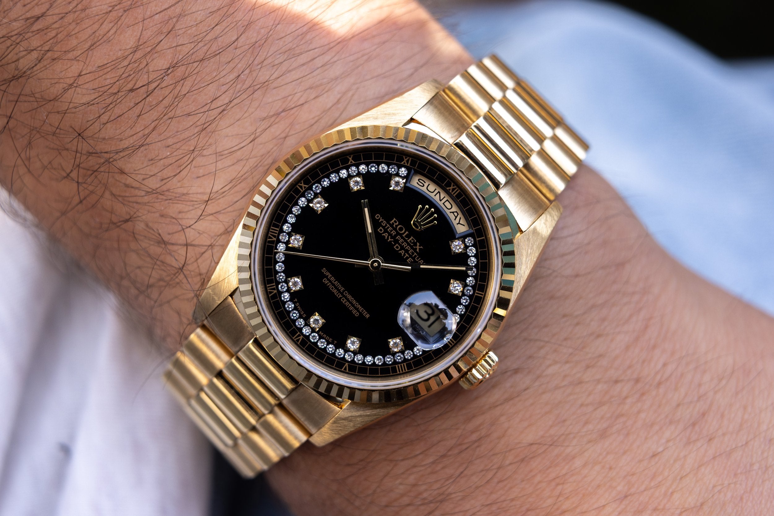 1990 Rolex Day-Date Ref. 18238 | 18K YG | Black Diamond String Dial - Sierra Time Co.